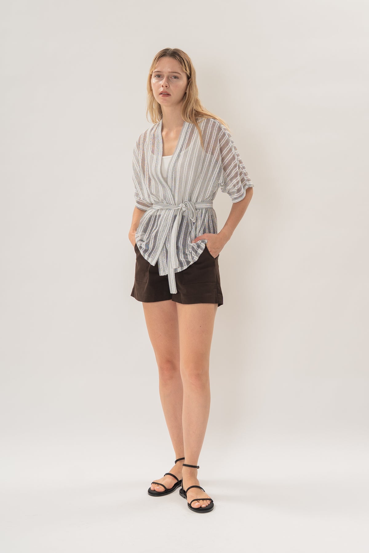 Textured Kimono Outer in Embroidered Stripe