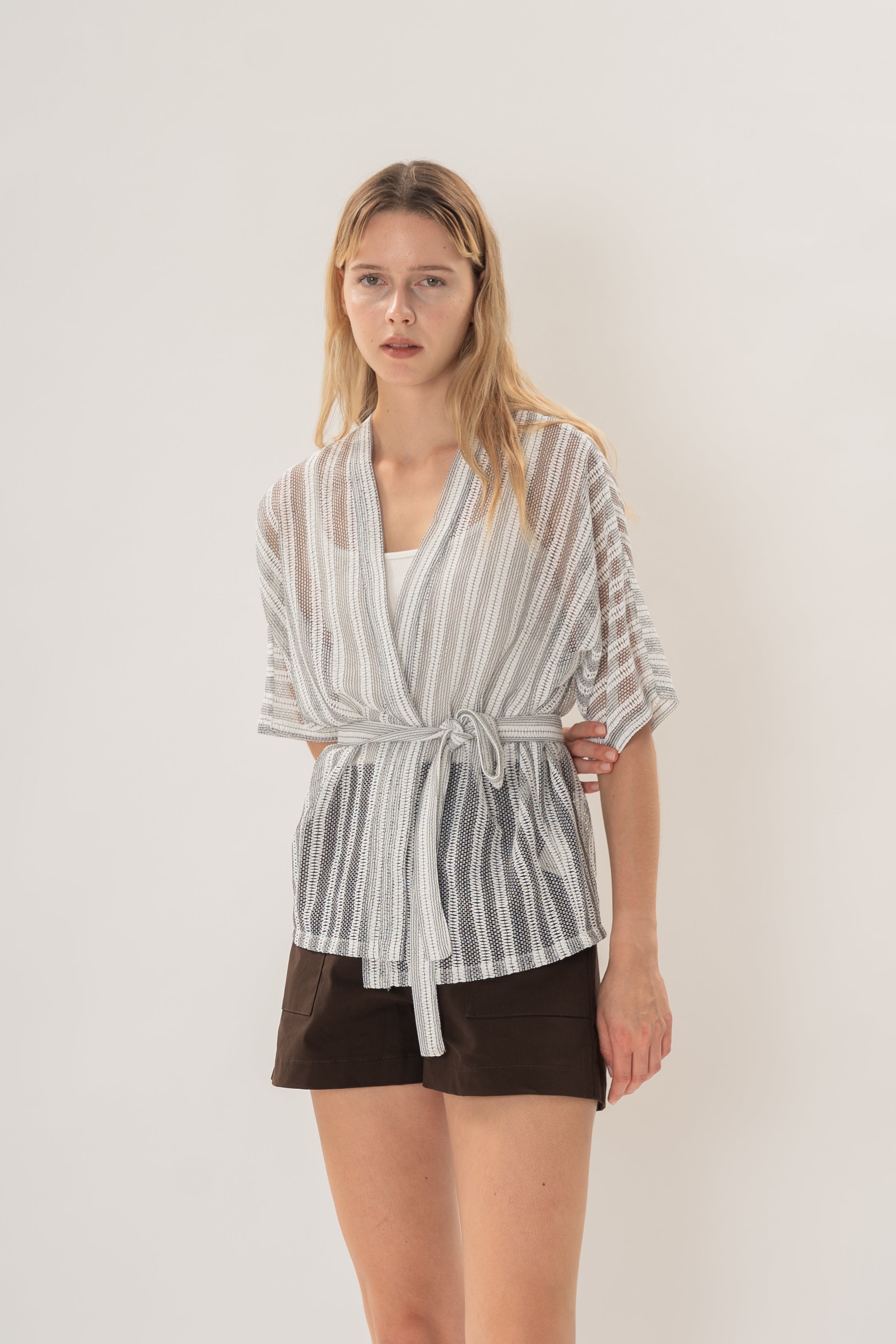 Textured Kimono Outer in Embroidered Stripe