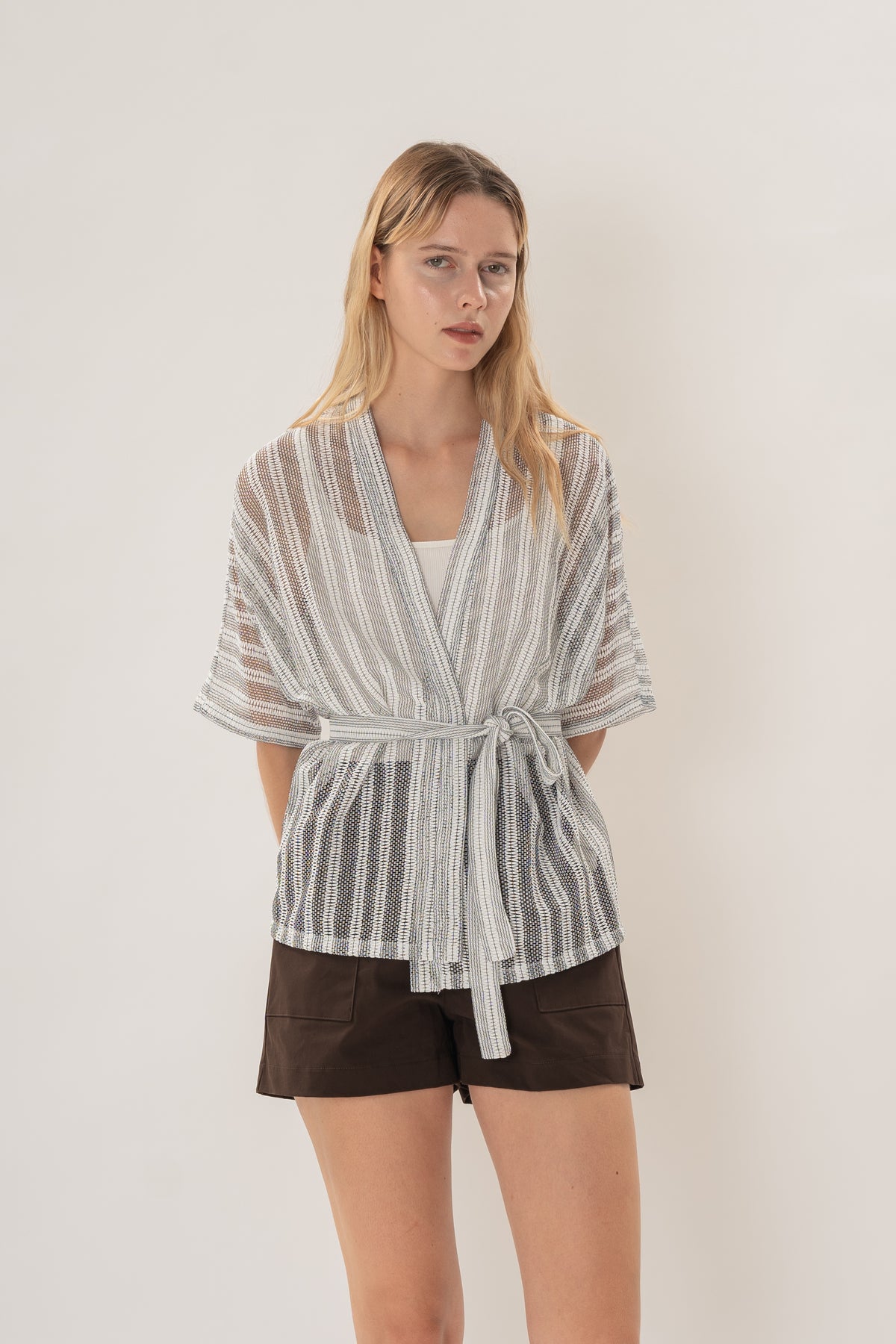 Textured Kimono Outer in Embroidered Stripe