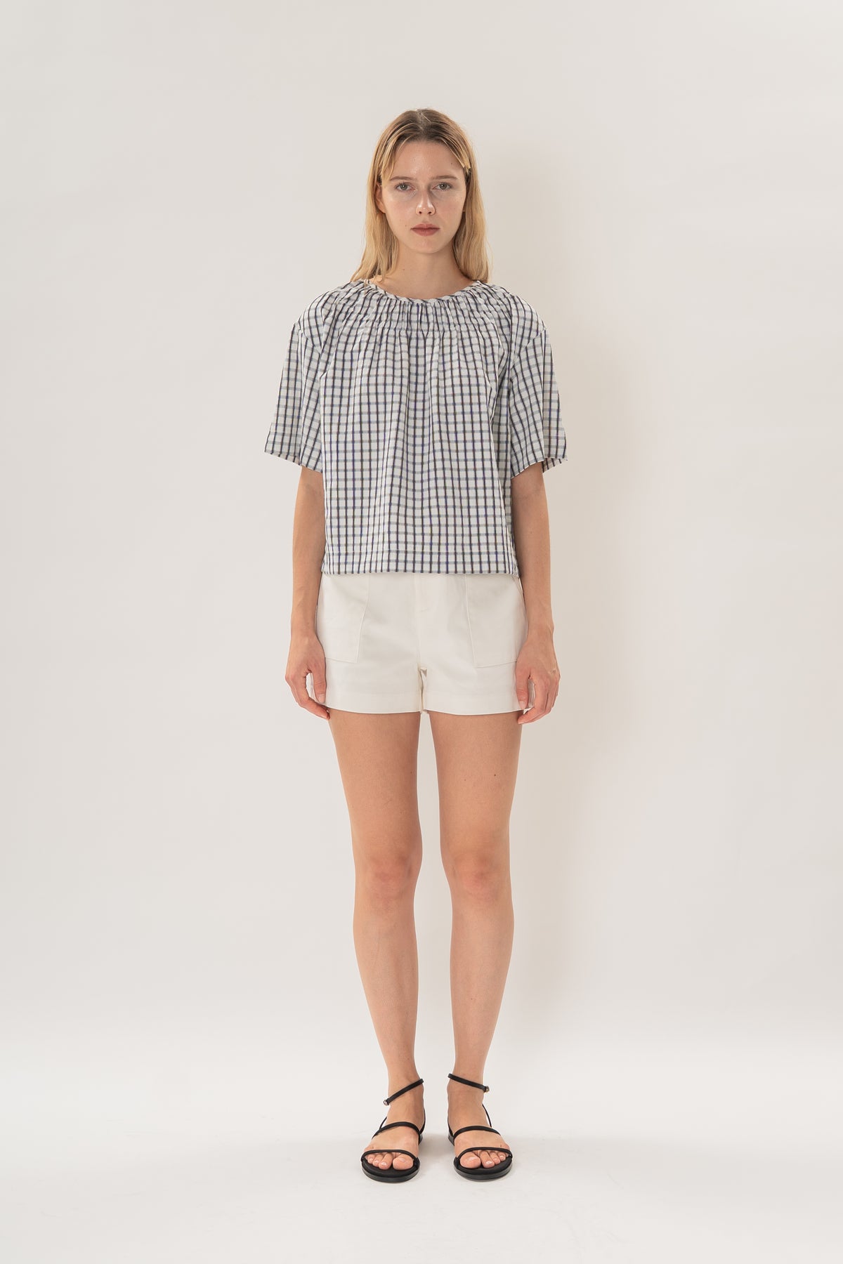 Gathered Neckline Blouse in Black Gingham