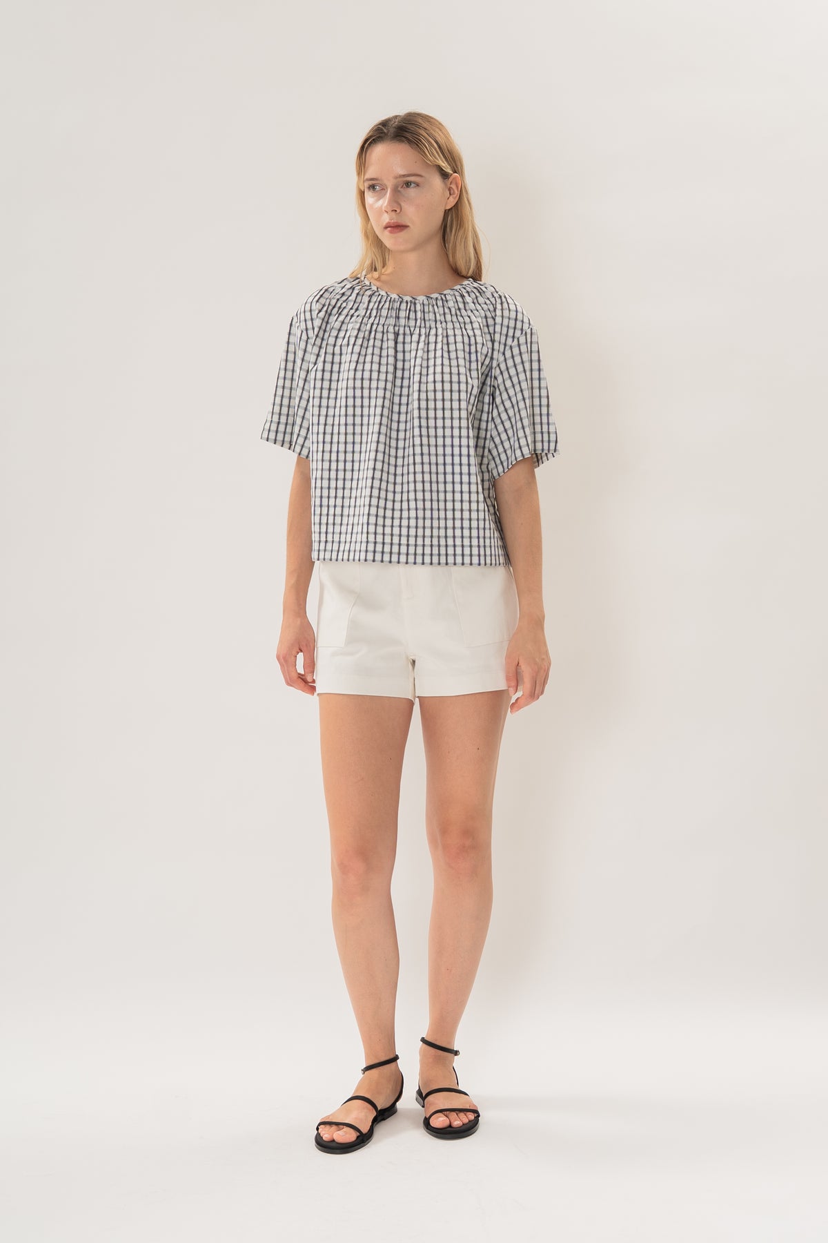 Gathered Neckline Blouse in Black Gingham