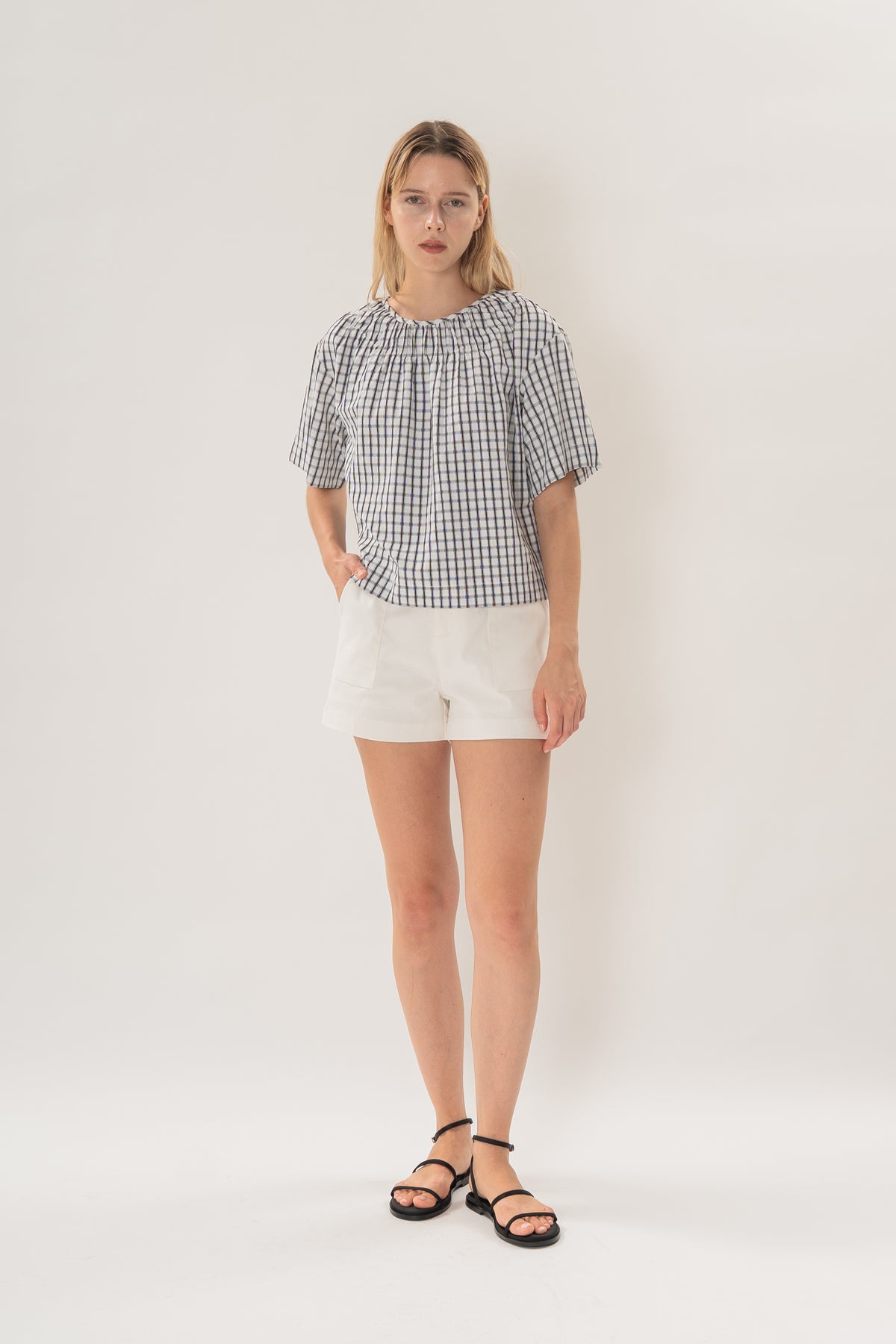 Gathered Neckline Blouse in Black Gingham