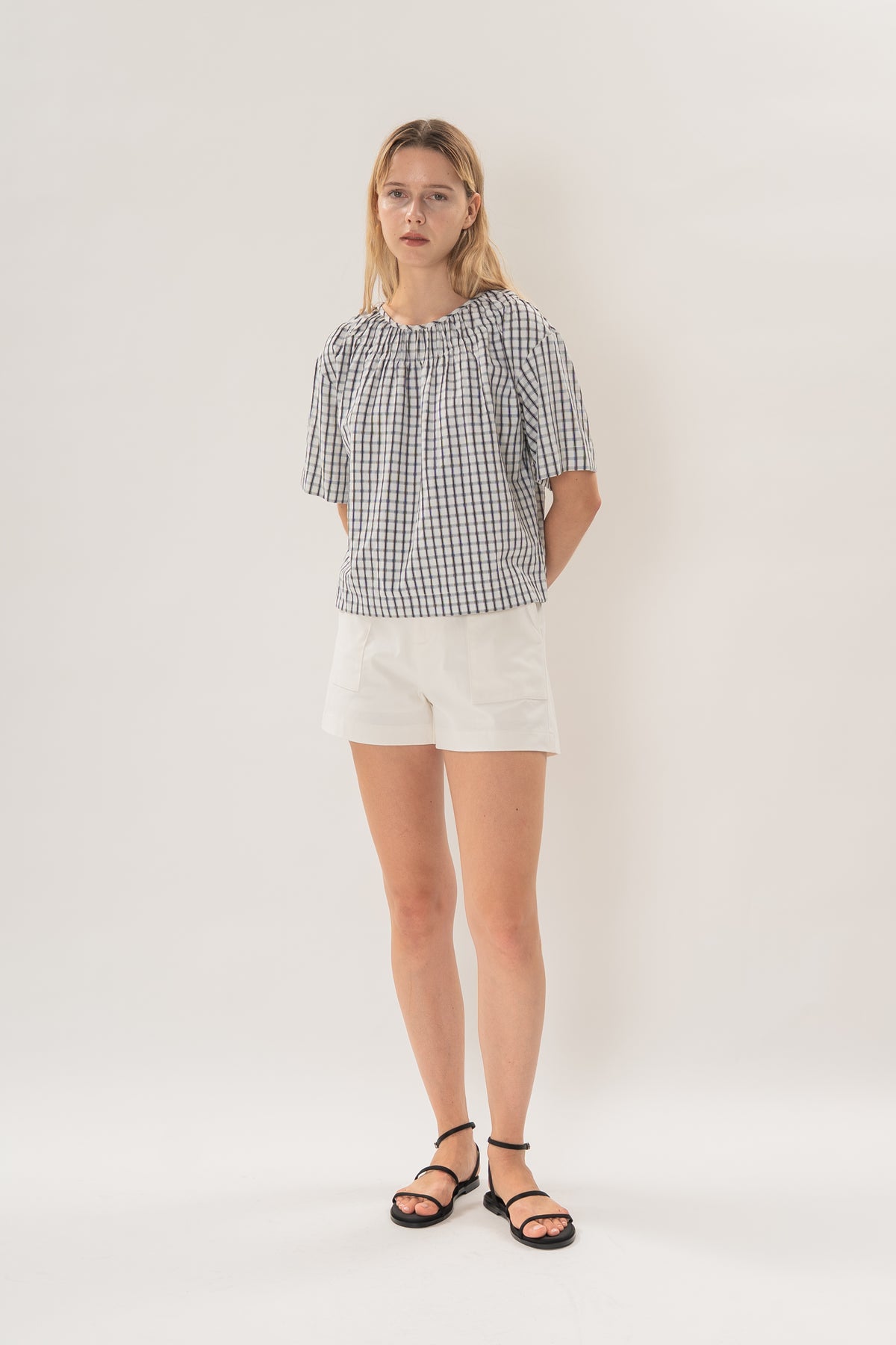 Gathered Neckline Blouse in Black Gingham