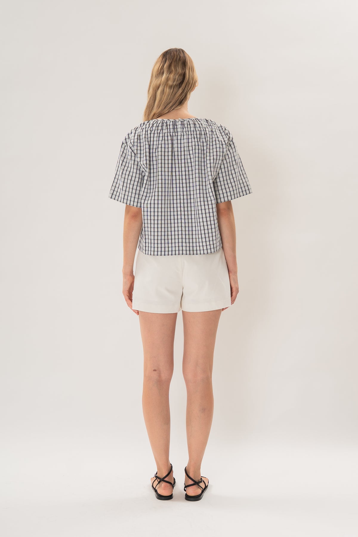 Gathered Neckline Blouse in Black Gingham