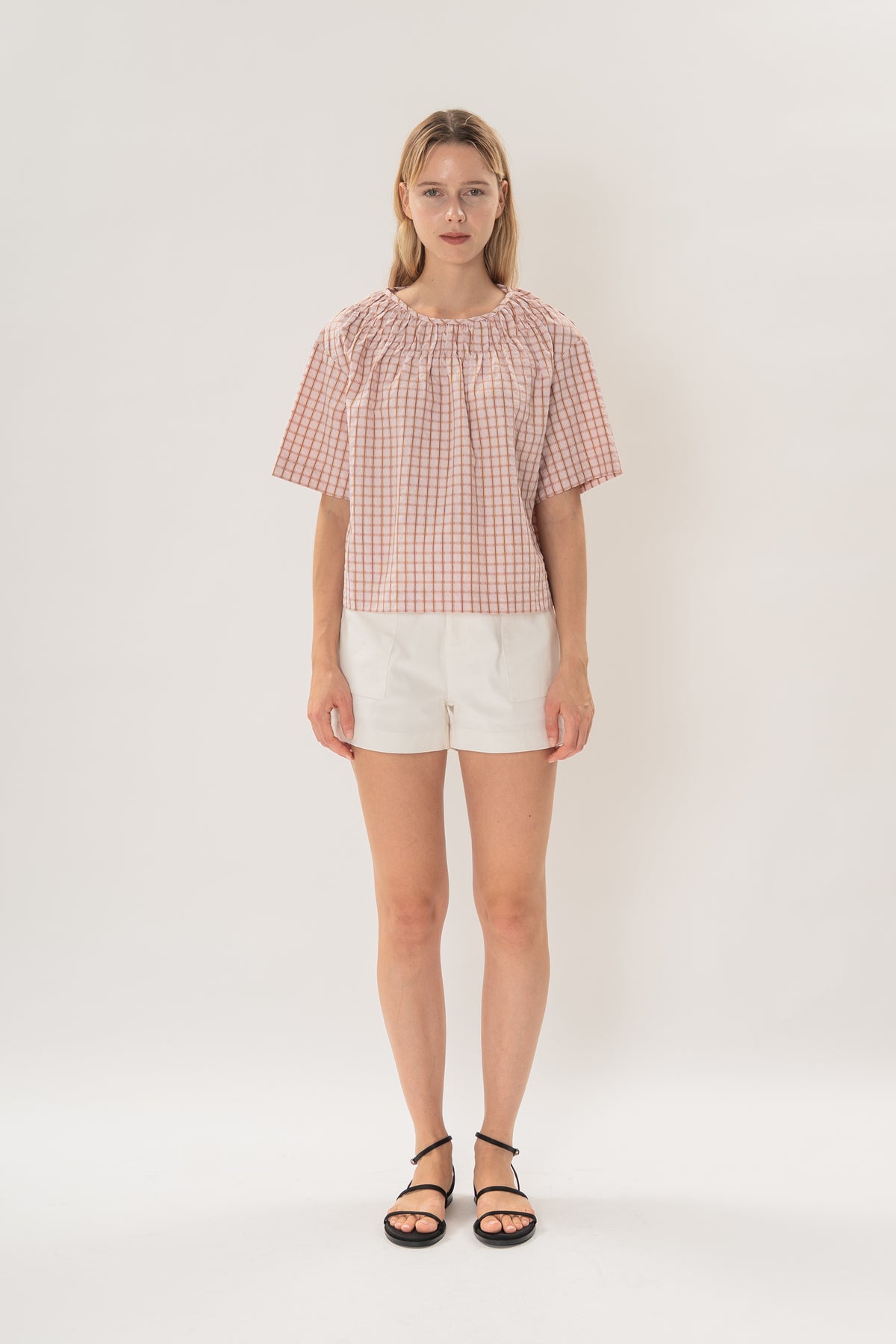 Gathered Neckline Blouse in Rosewood Gingham