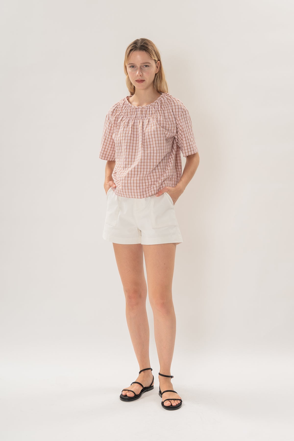 Gathered Neckline Blouse in Rosewood Gingham