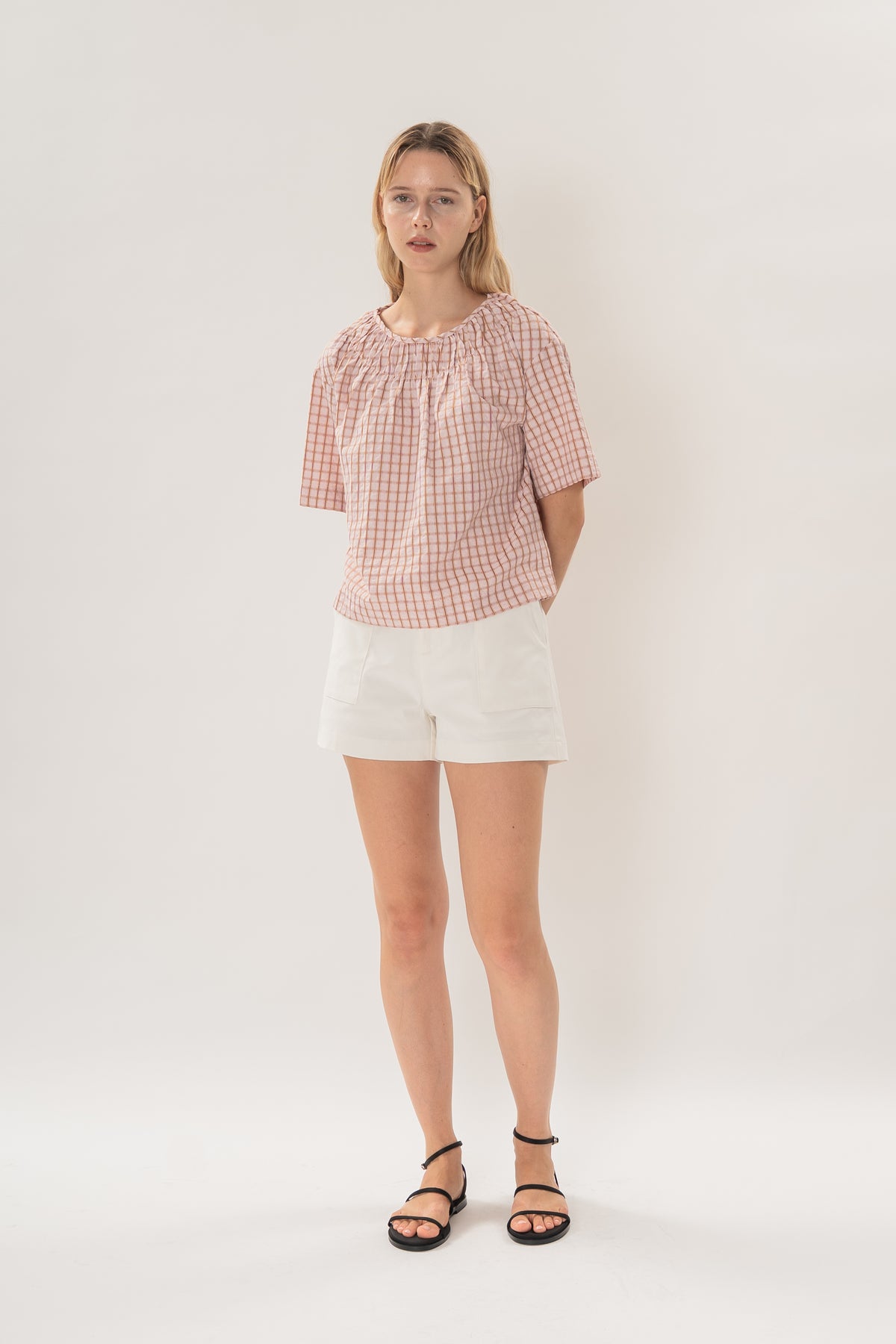 Gathered Neckline Blouse in Rosewood Gingham