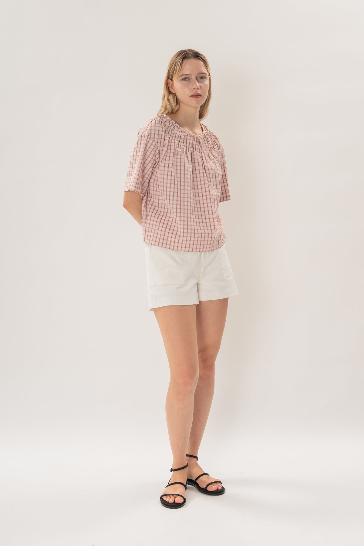 Gathered Neckline Blouse in Rosewood Gingham