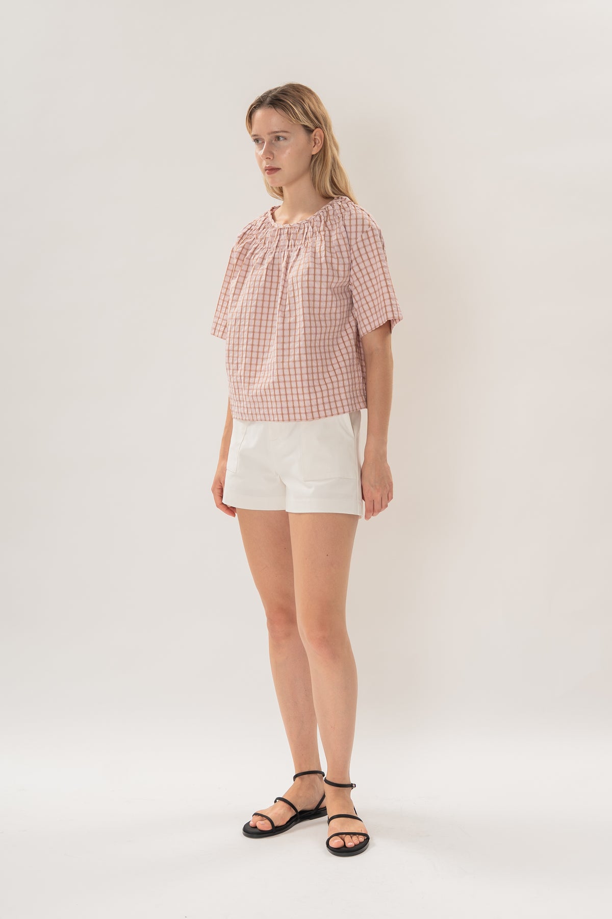 Gathered Neckline Blouse in Rosewood Gingham