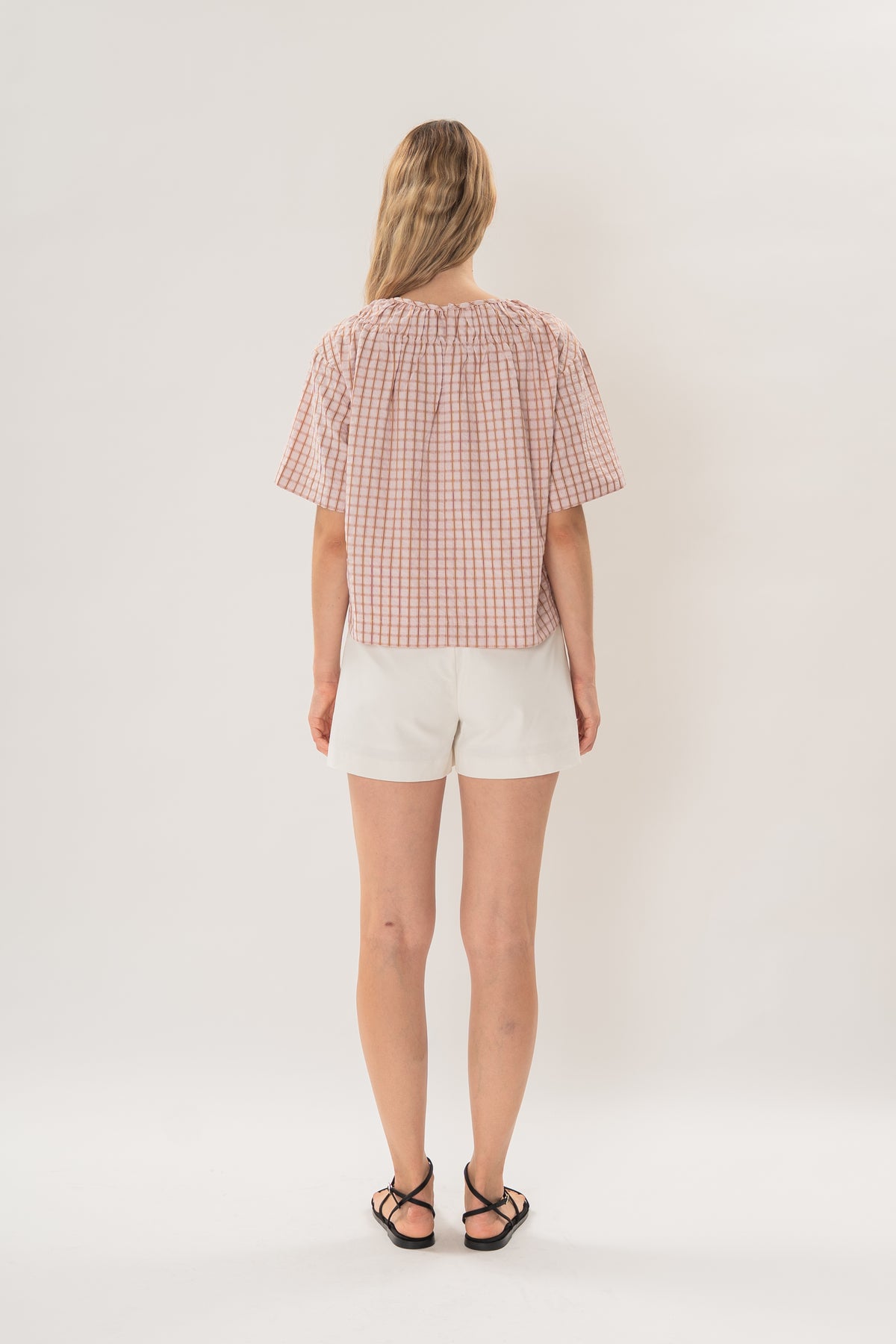 Gathered Neckline Blouse in Rosewood Gingham