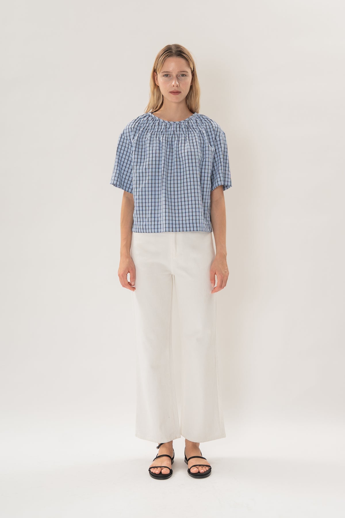 Gathered Neckline Blouse in Ocean Blue Gingham