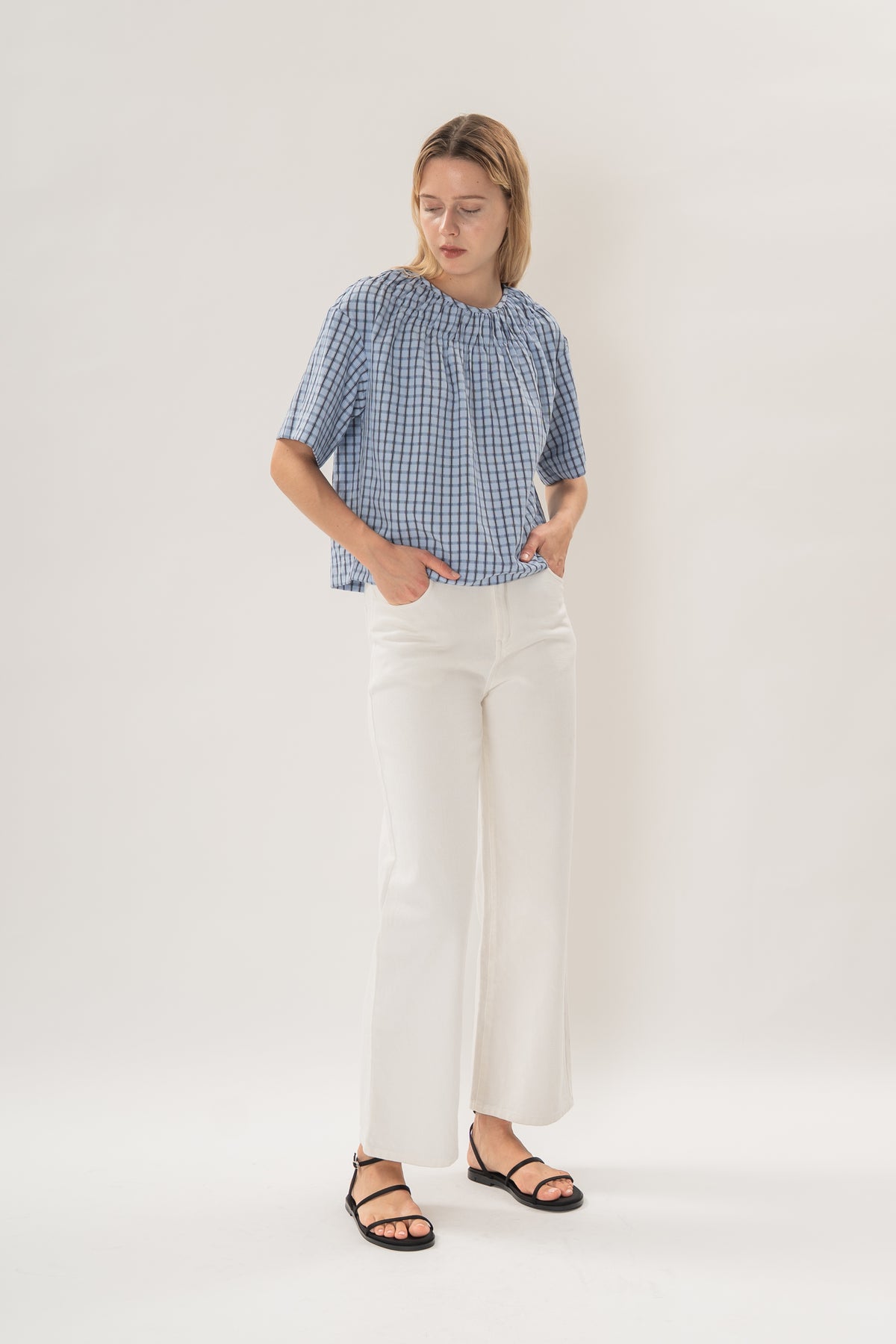 Gathered Neckline Blouse in Ocean Blue Gingham
