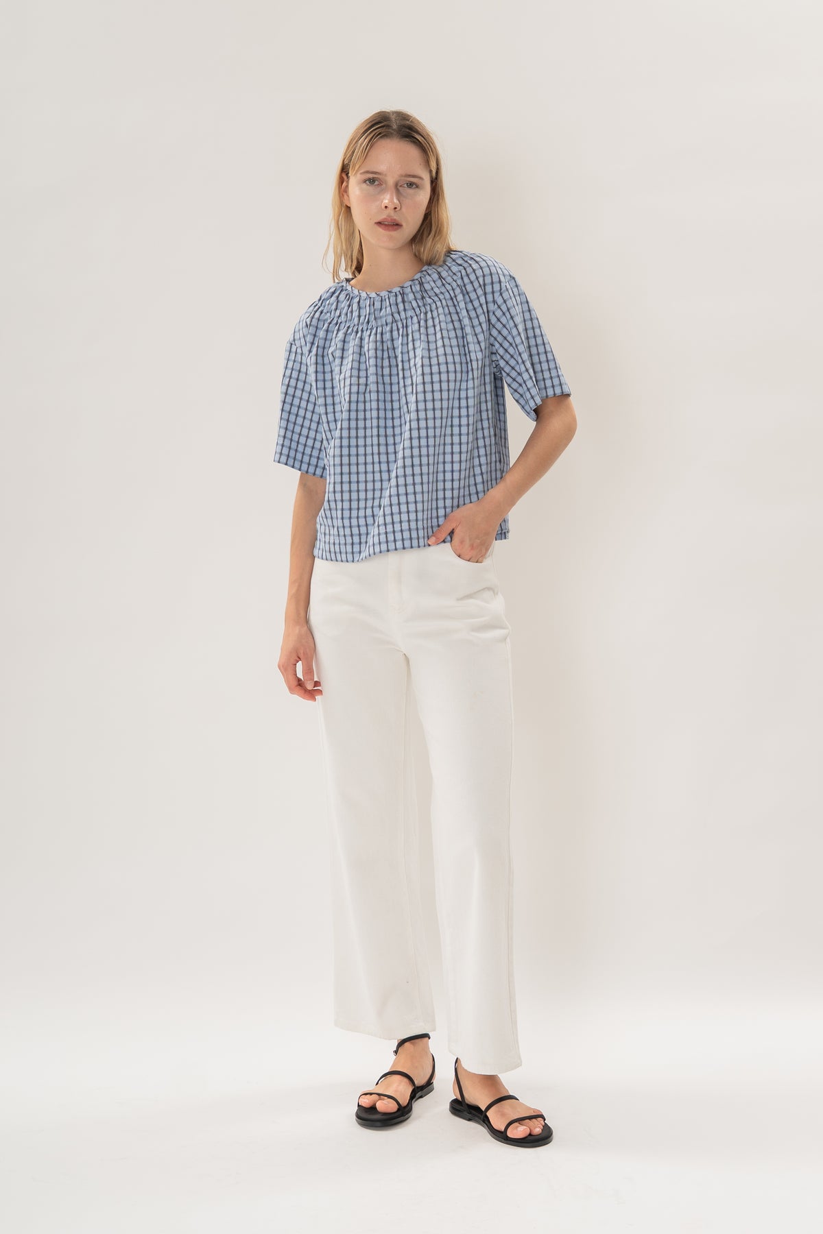 Gathered Neckline Blouse in Ocean Blue Gingham