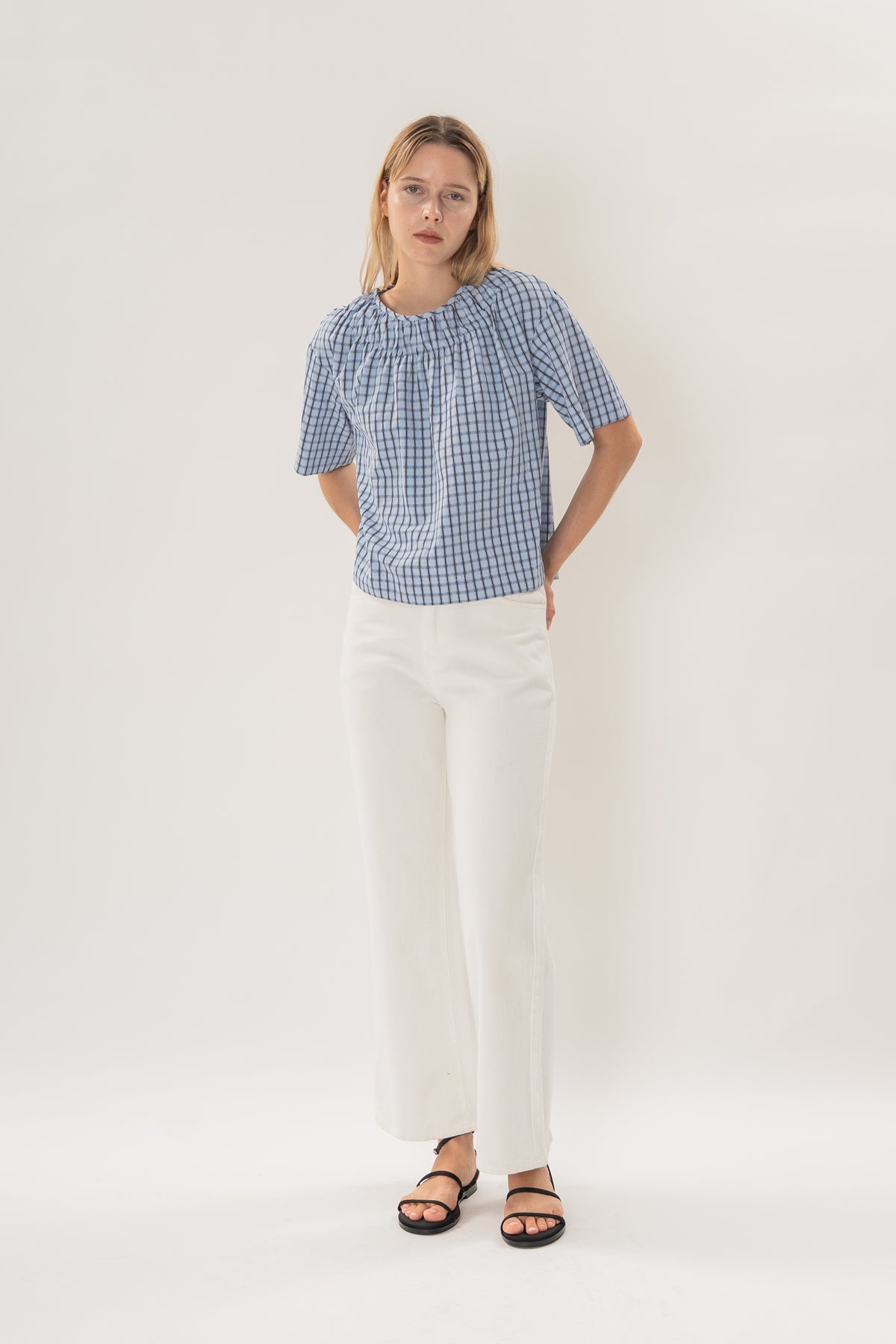 Gathered Neckline Blouse in Ocean Blue Gingham