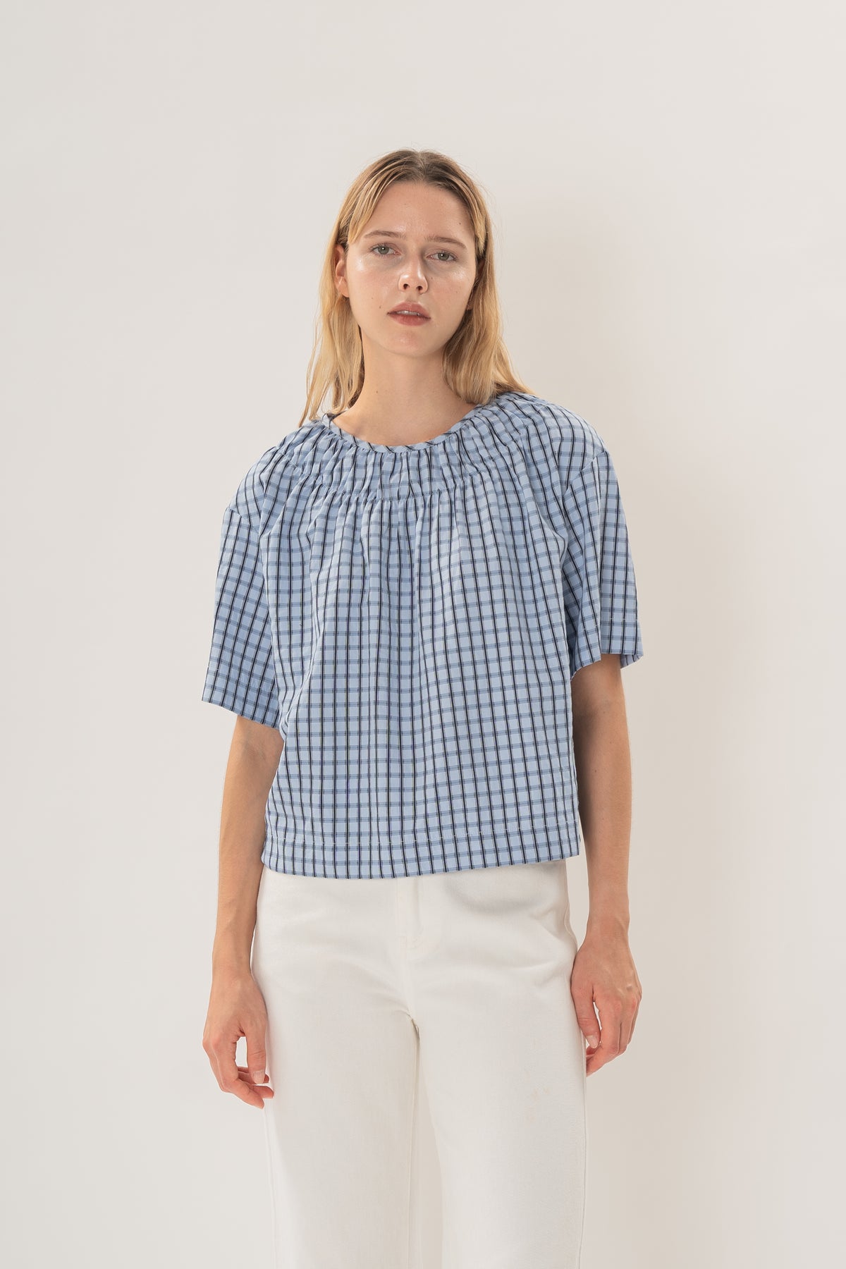 Gathered Neckline Blouse in Ocean Blue Gingham