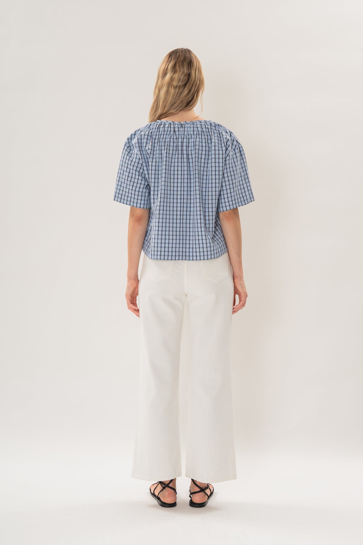 Gathered Neckline Blouse in Ocean Blue Gingham