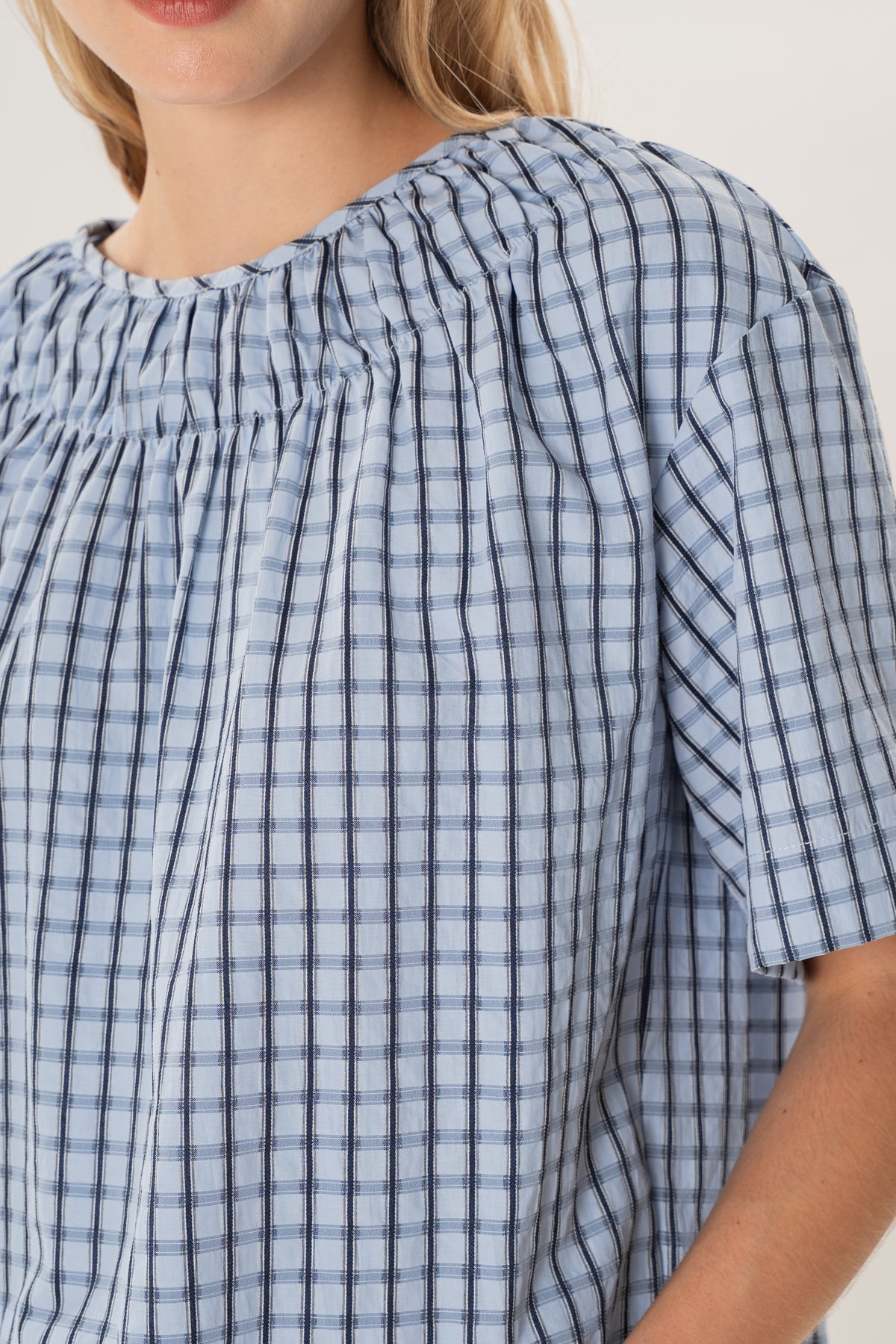 Gathered Neckline Blouse in Ocean Blue Gingham