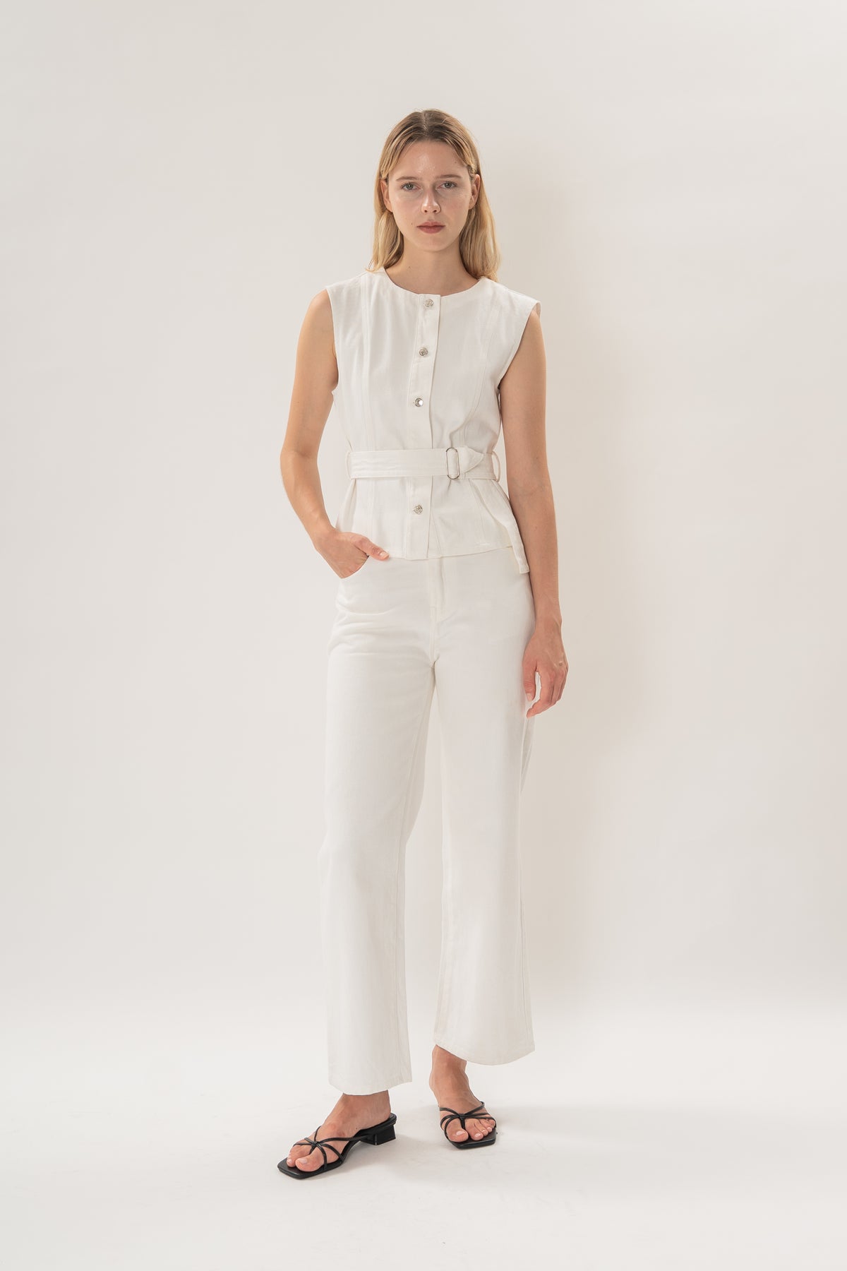 Sleeveless Denim Button Top in White