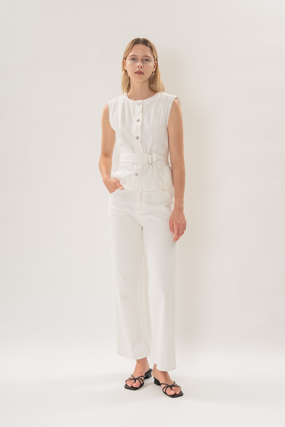 Sleeveless Denim Button Top in White