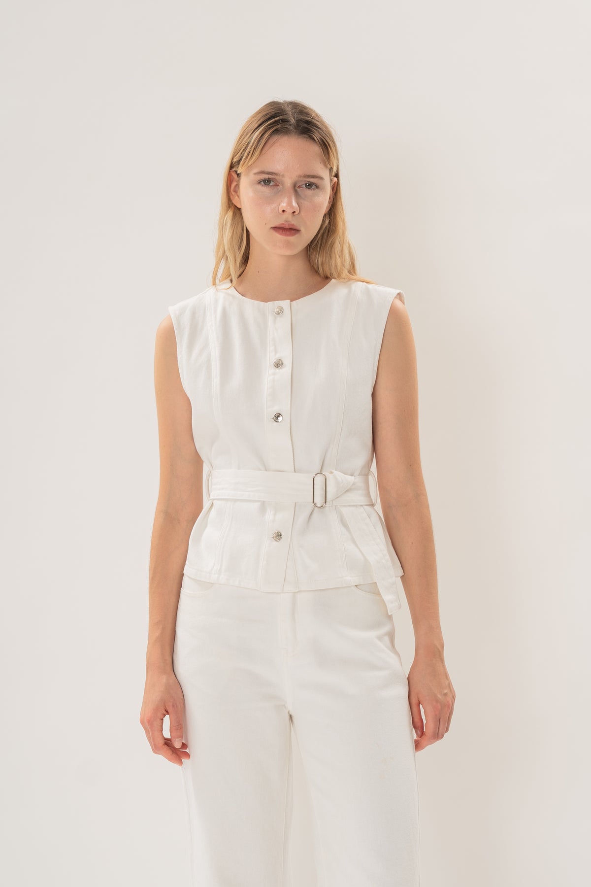 Sleeveless Denim Button Top in White