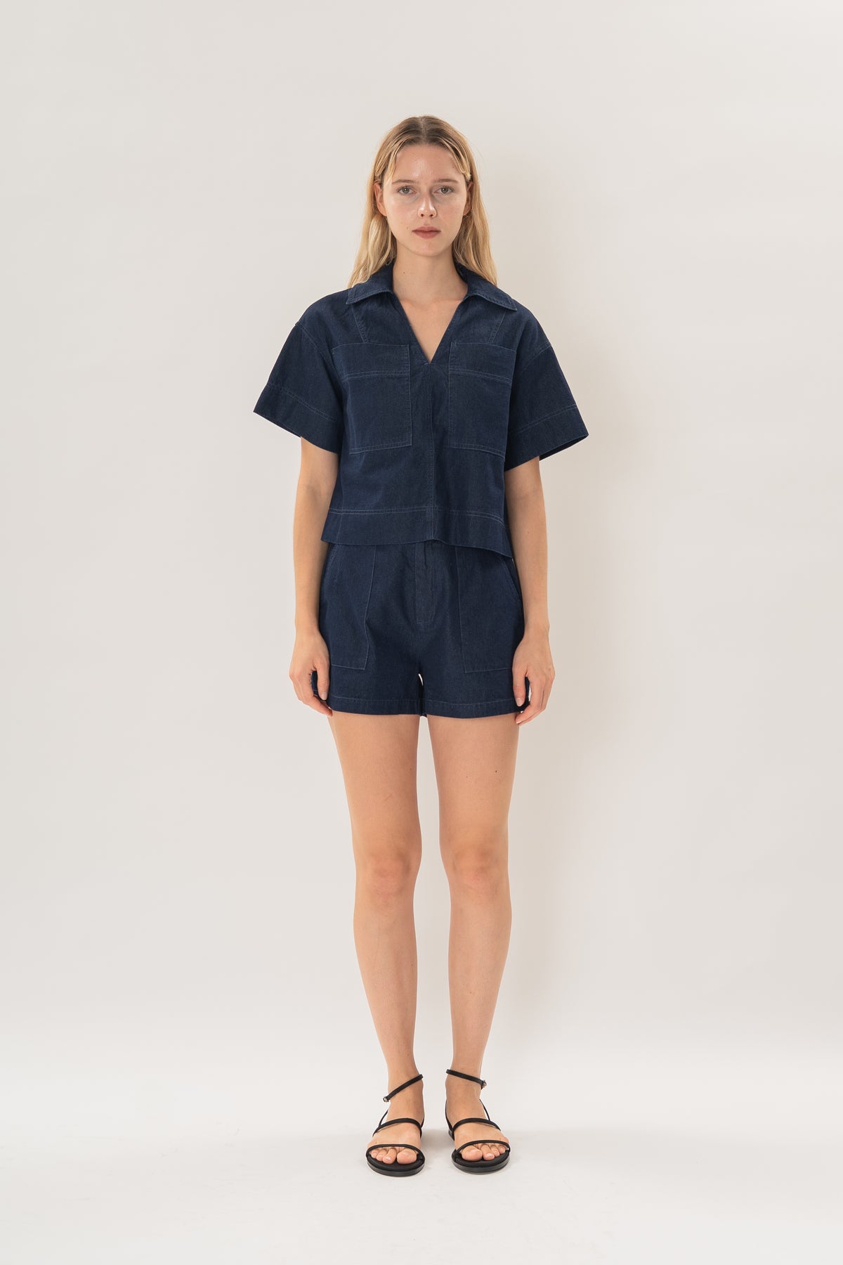 Collared Boxy Denim Shirt in Dark Wash
