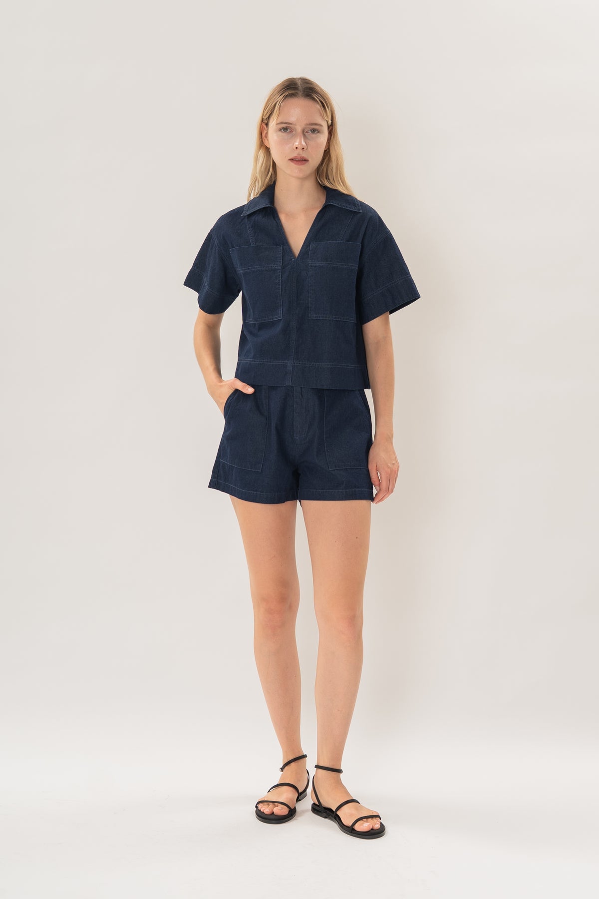 Collared Boxy Denim Shirt in Dark Wash