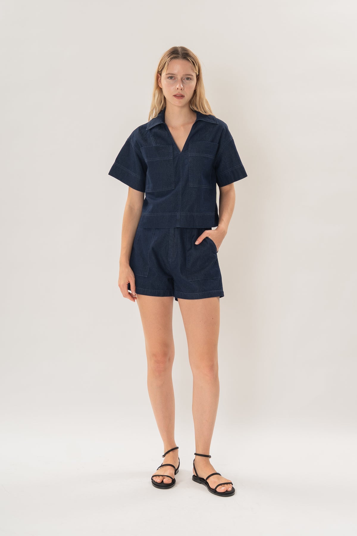 Collared Boxy Denim Shirt in Dark Wash