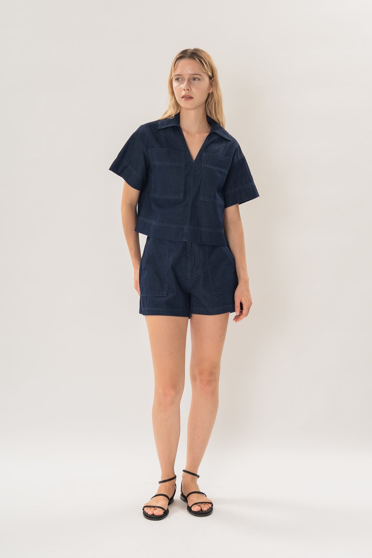 Collared Boxy Denim Shirt in Dark Wash