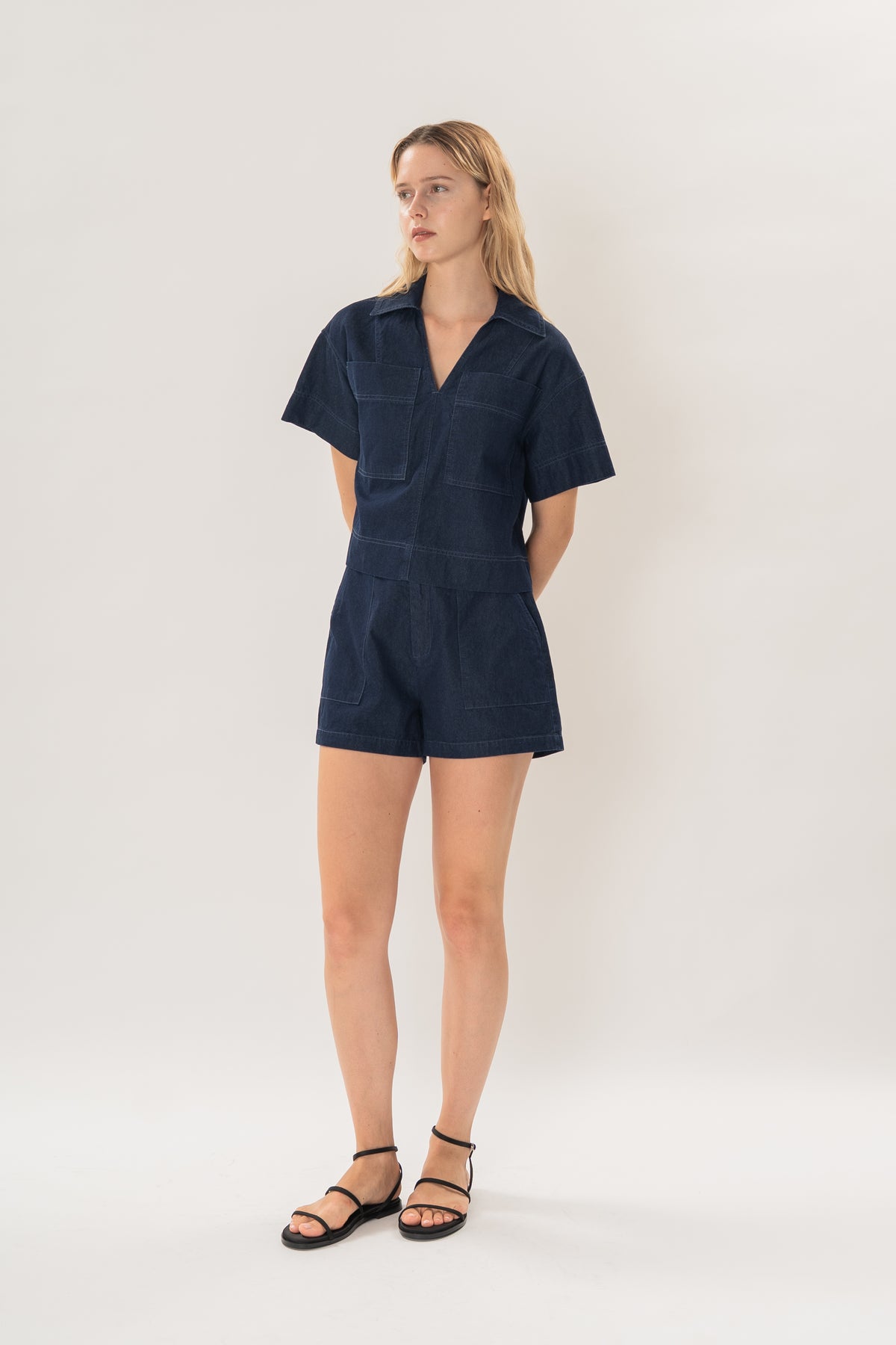Collared Boxy Denim Shirt in Dark Wash