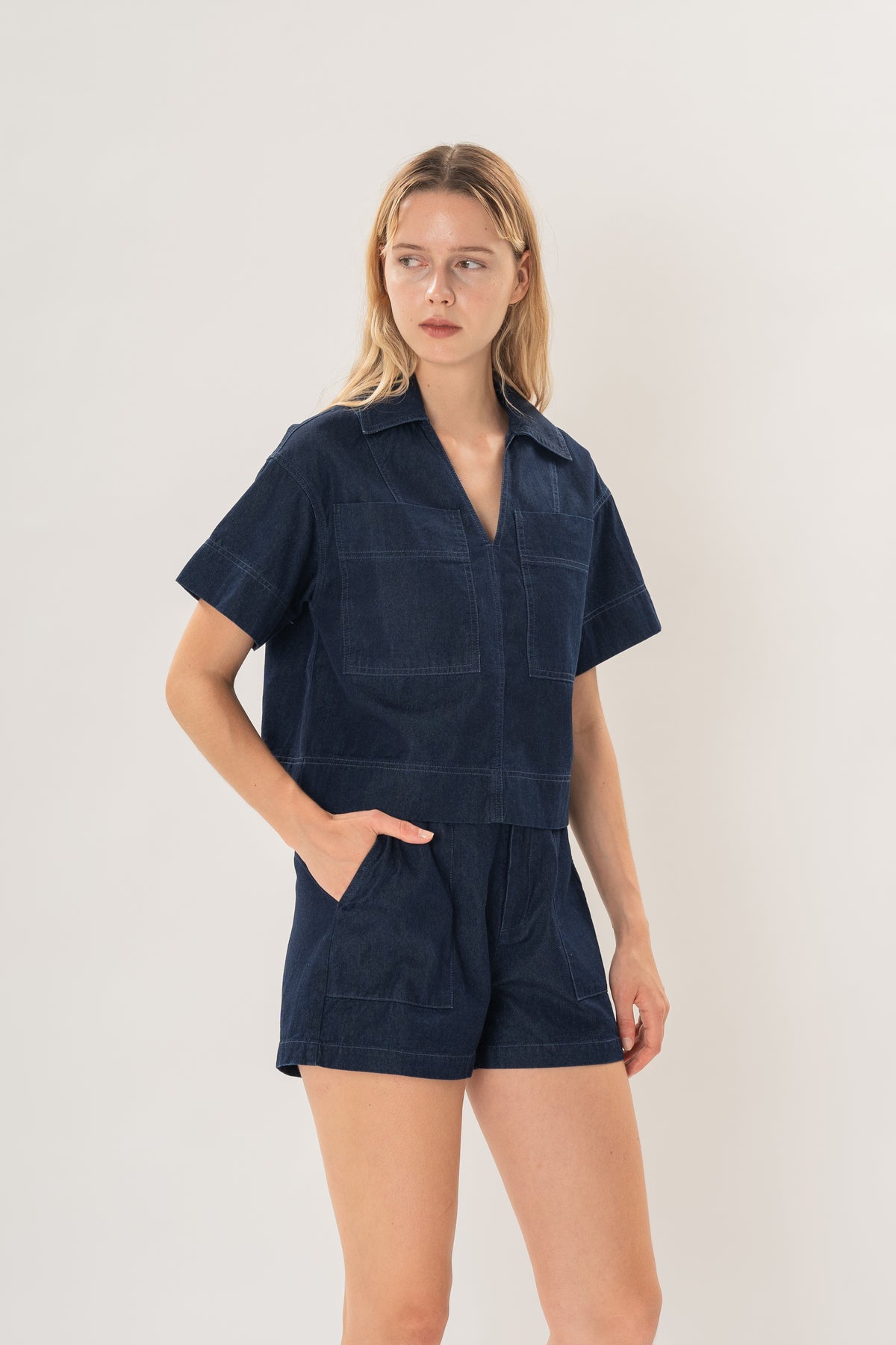 Collared Boxy Denim Shirt in Dark Wash