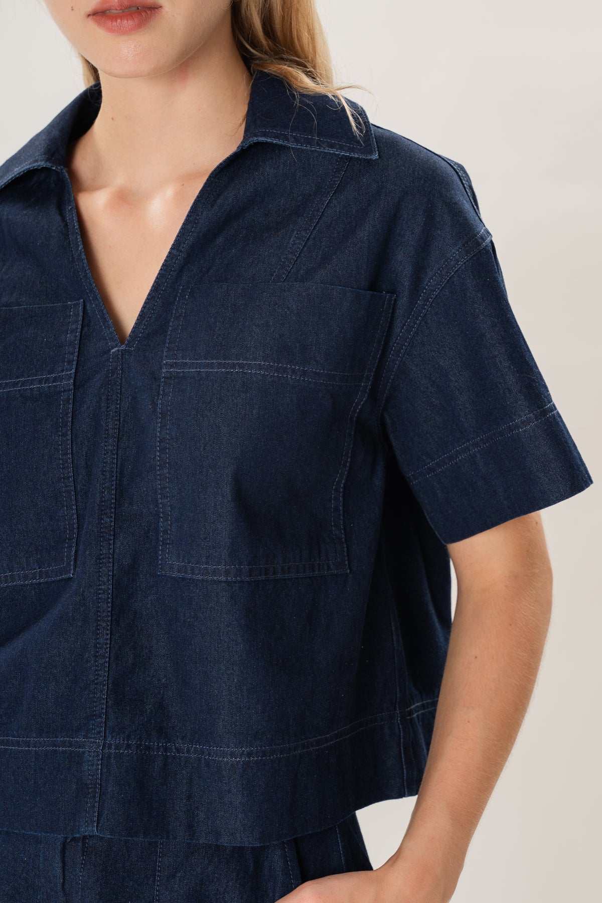 Collared Boxy Denim Shirt in Dark Wash