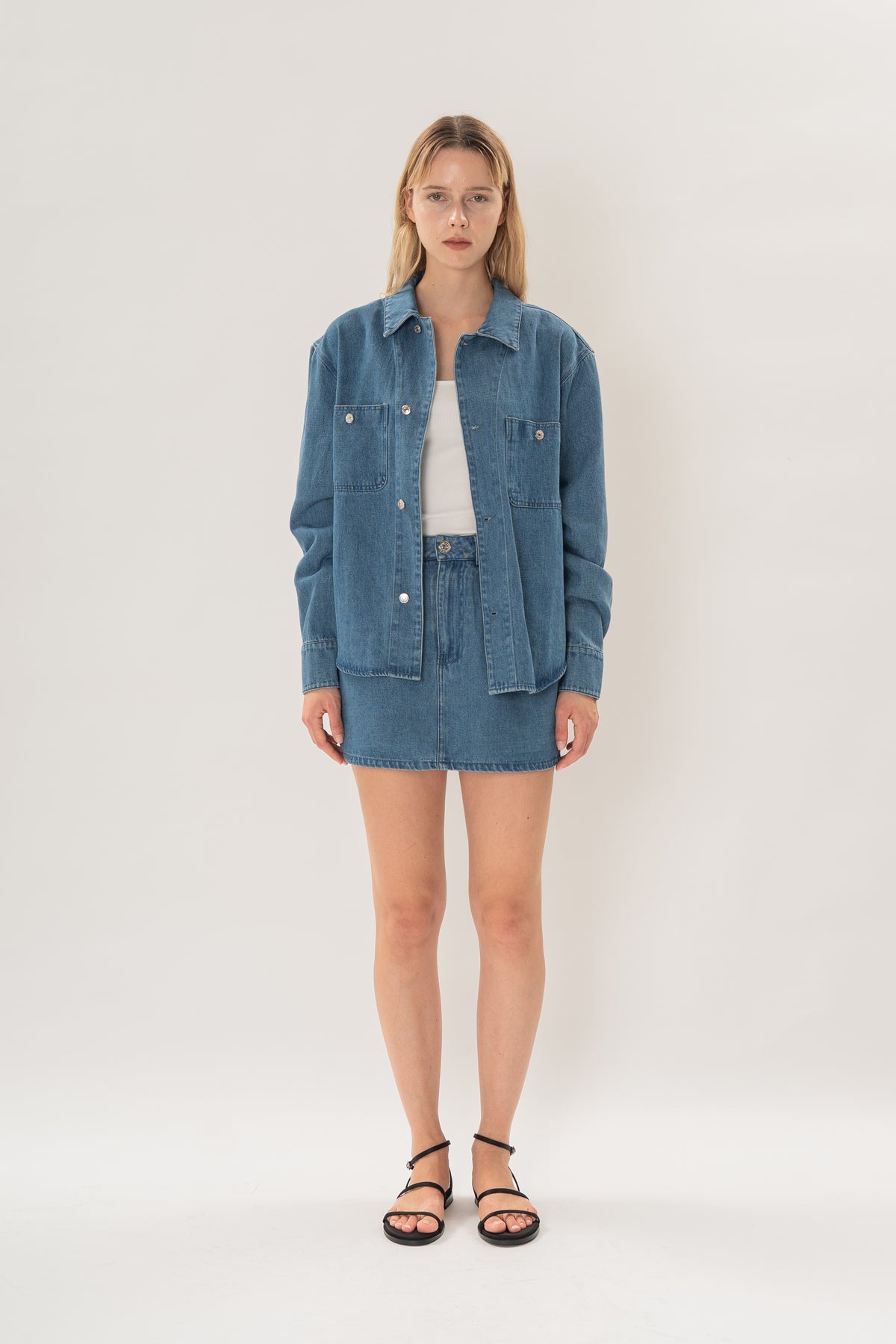 Denim Long Sleeve Overshirt in Mid Blue Wash