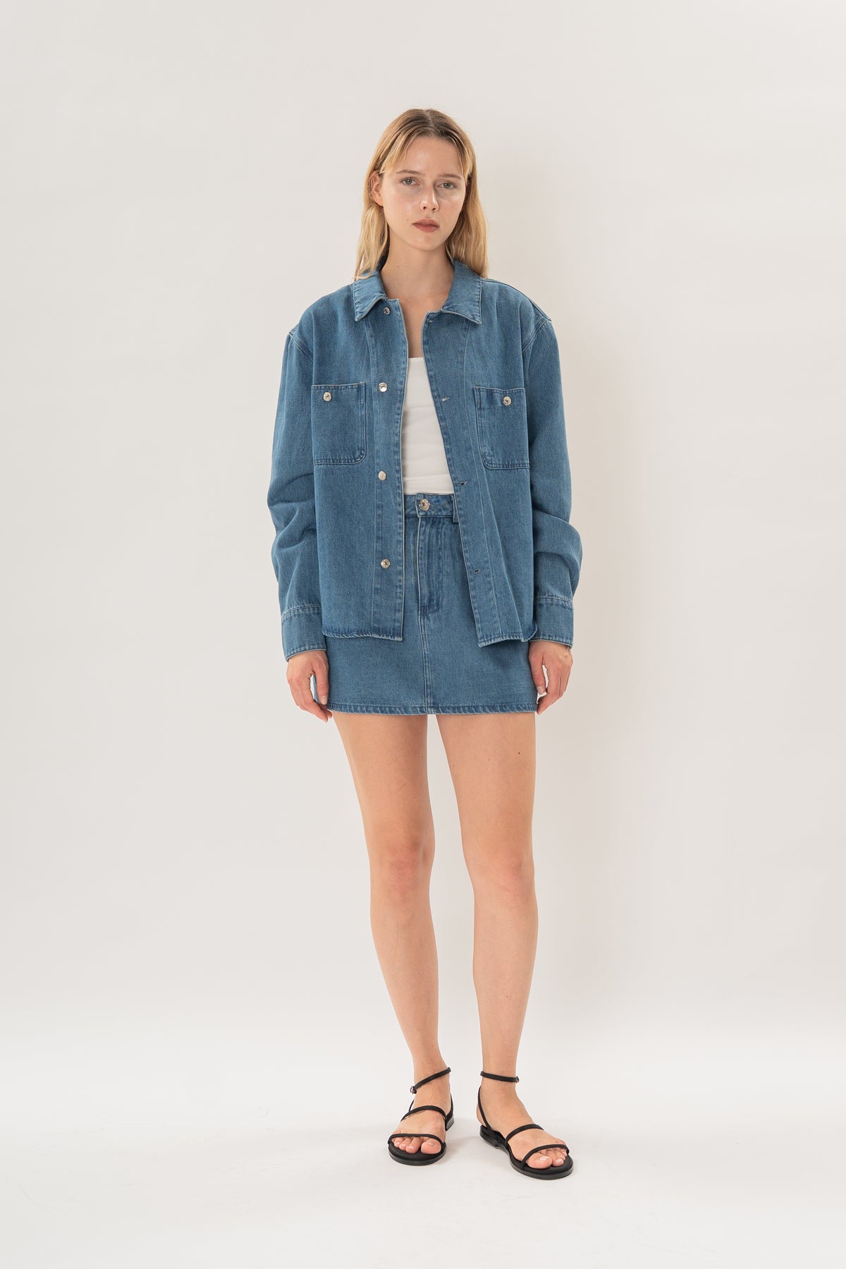 Denim Long Sleeve Overshirt in Mid Blue Wash