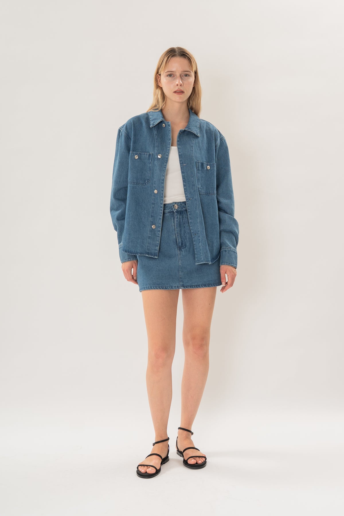 Denim Long Sleeve Overshirt in Mid Blue Wash