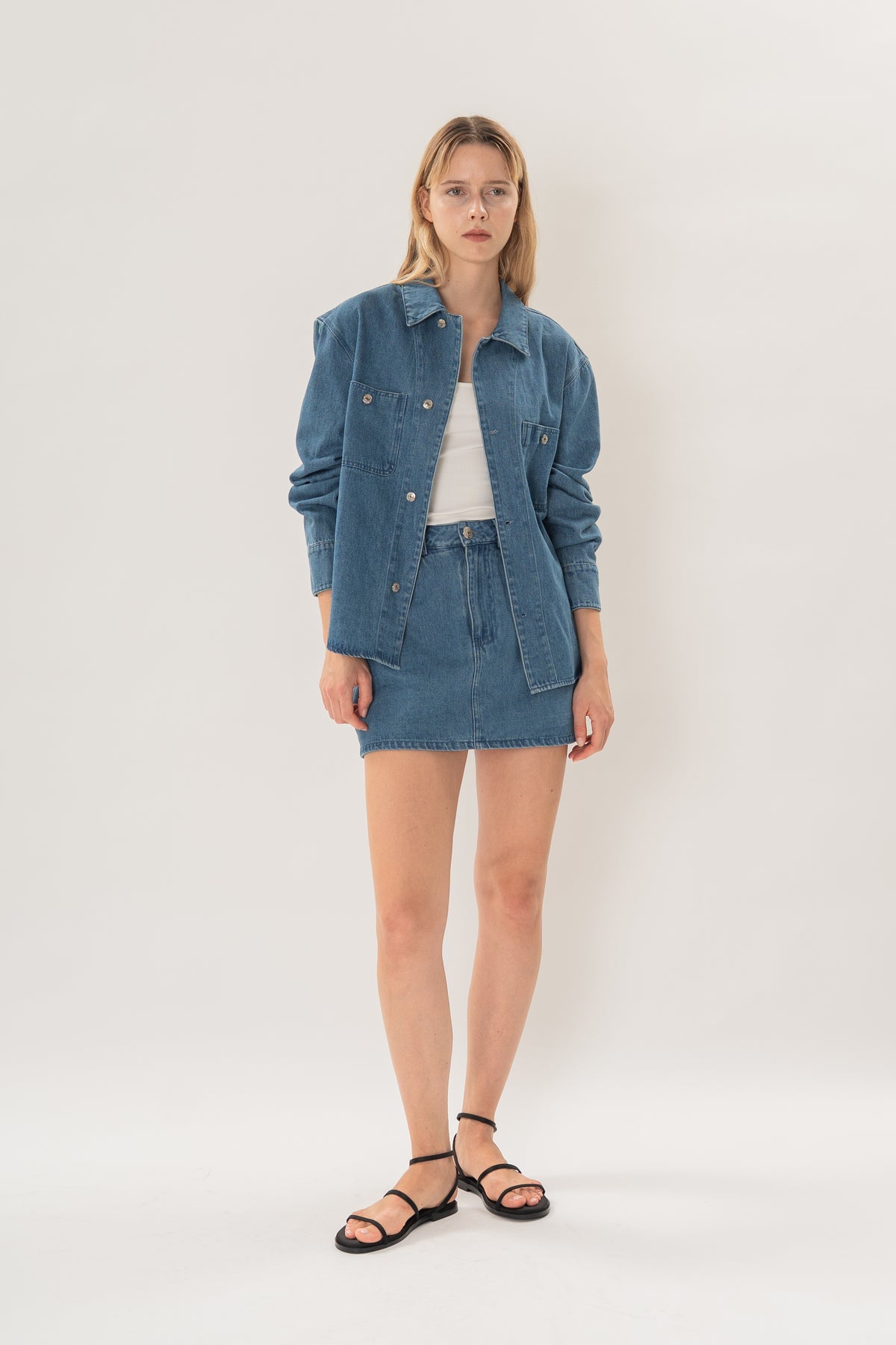 Denim Long Sleeve Overshirt in Mid Blue Wash