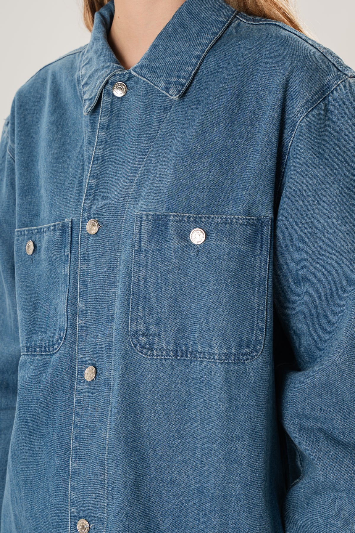 Denim Long Sleeve Overshirt in Mid Blue Wash