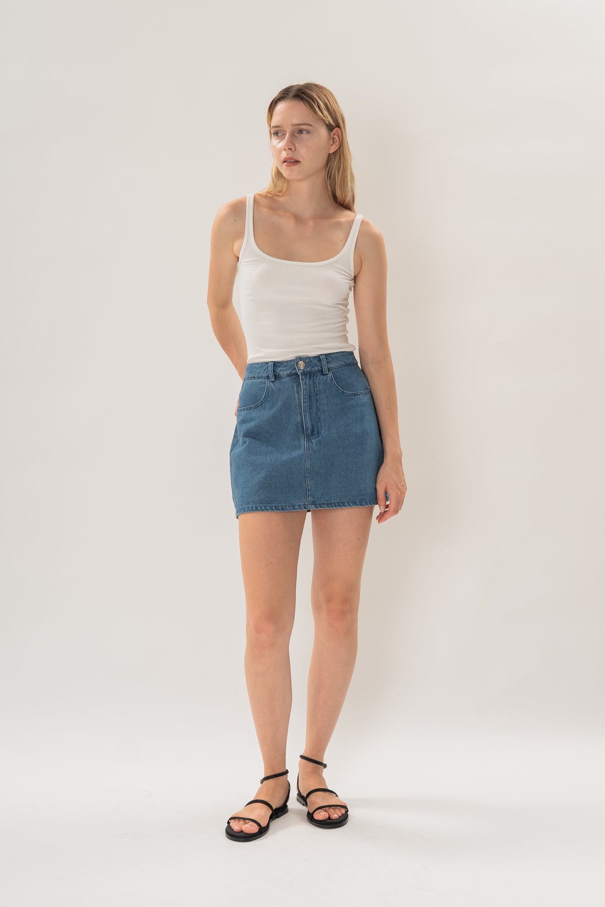 Classic Denim Skort in Mid Blue Wash