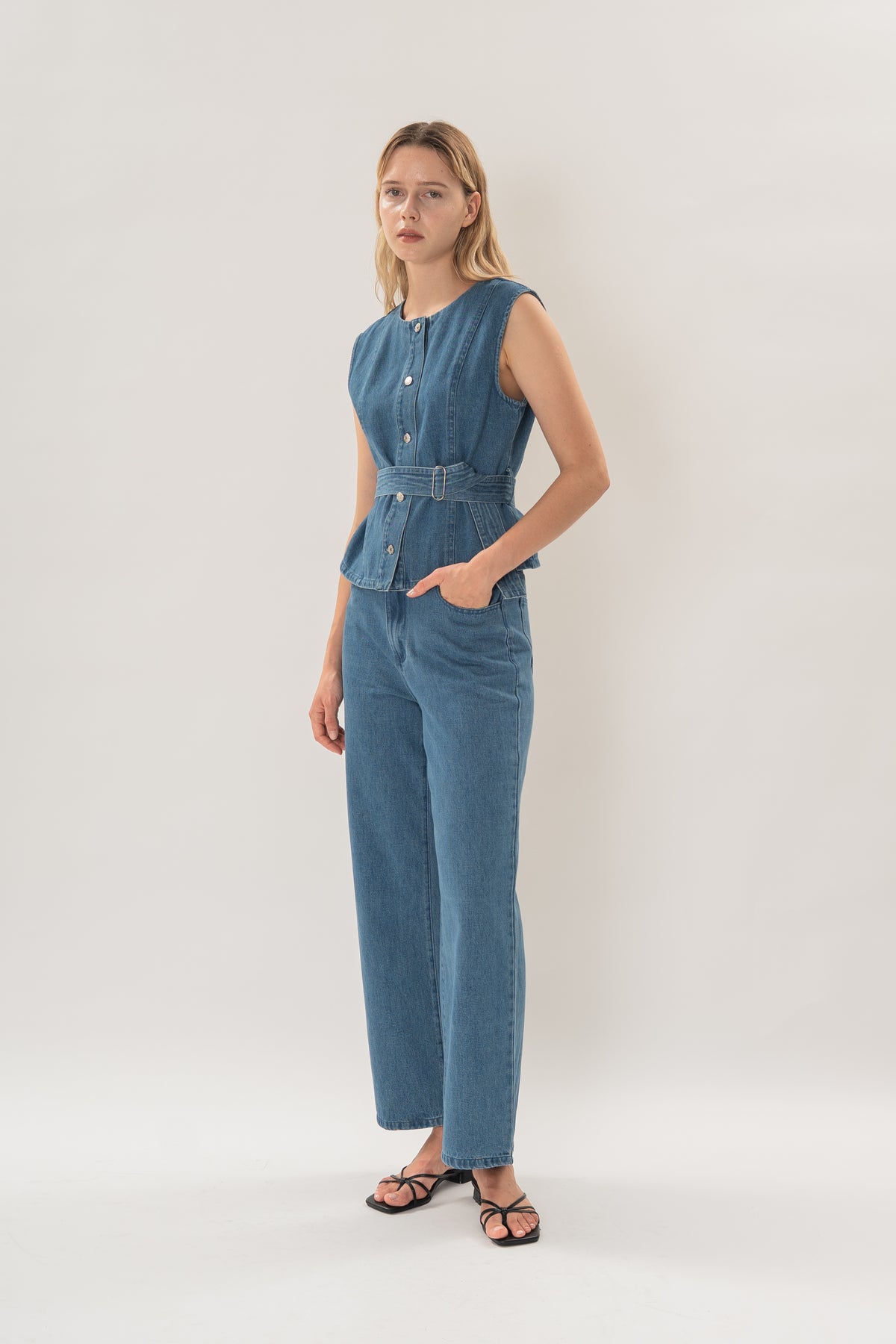 Sleeveless Denim Button Top in Mid Blue Wash