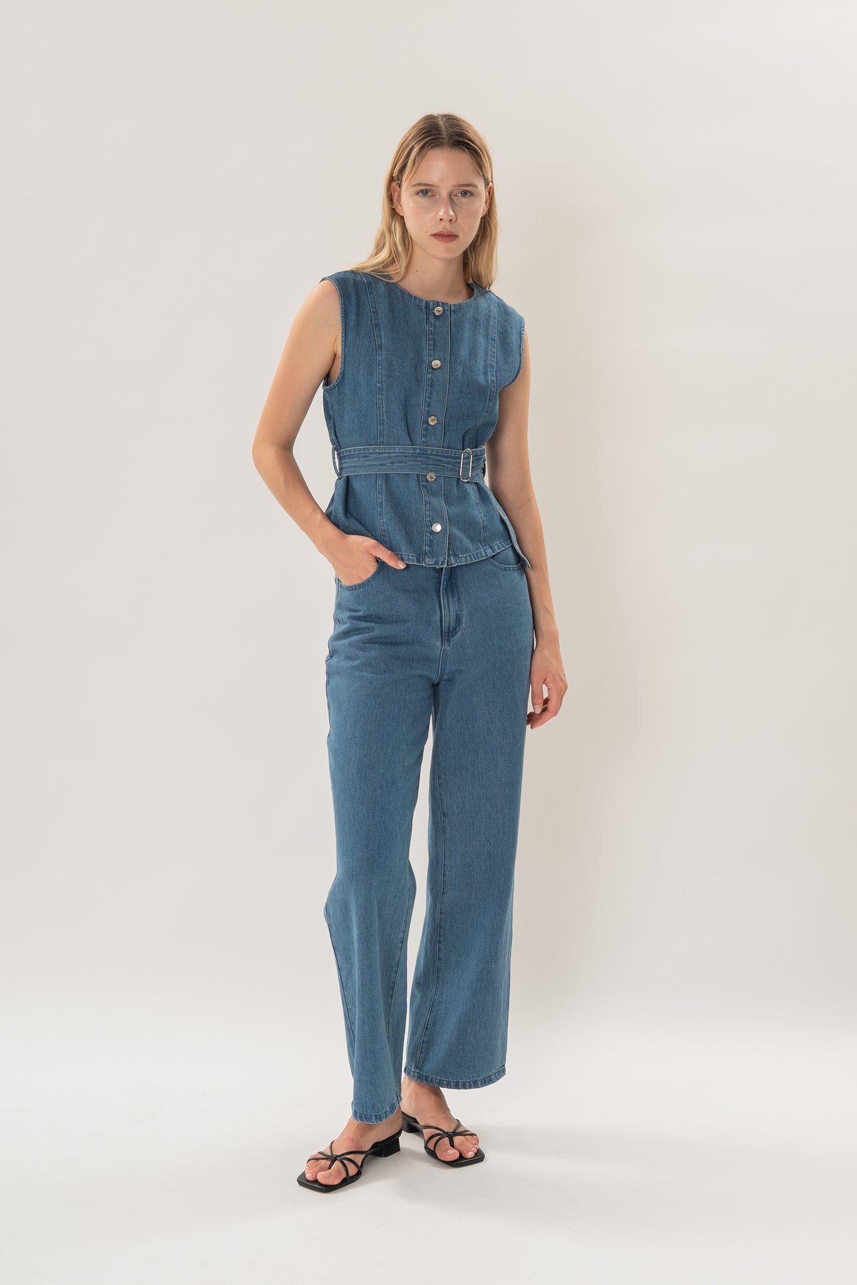 Sleeveless Denim Button Top in Mid Blue Wash