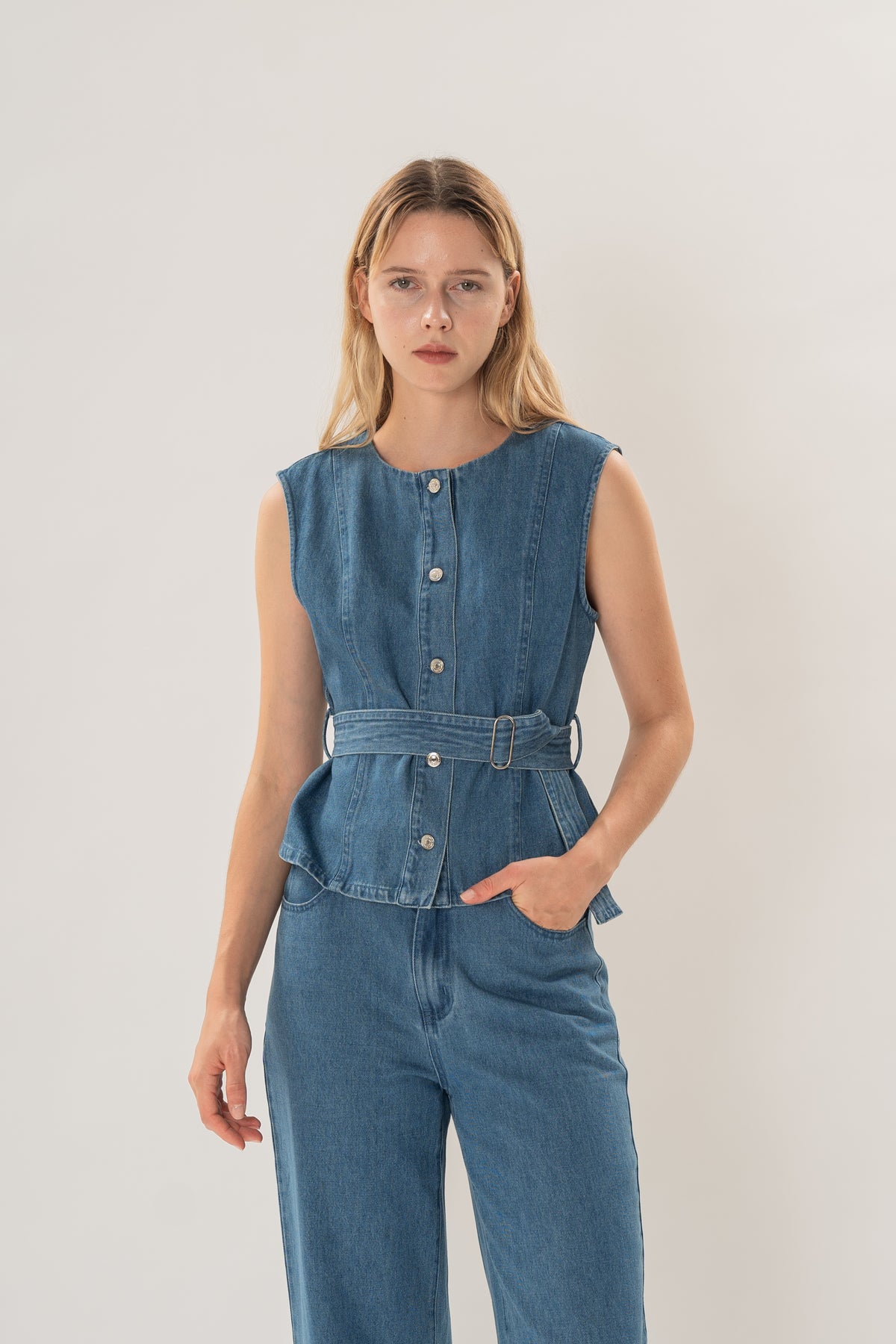 Sleeveless Denim Button Top in Mid Blue Wash