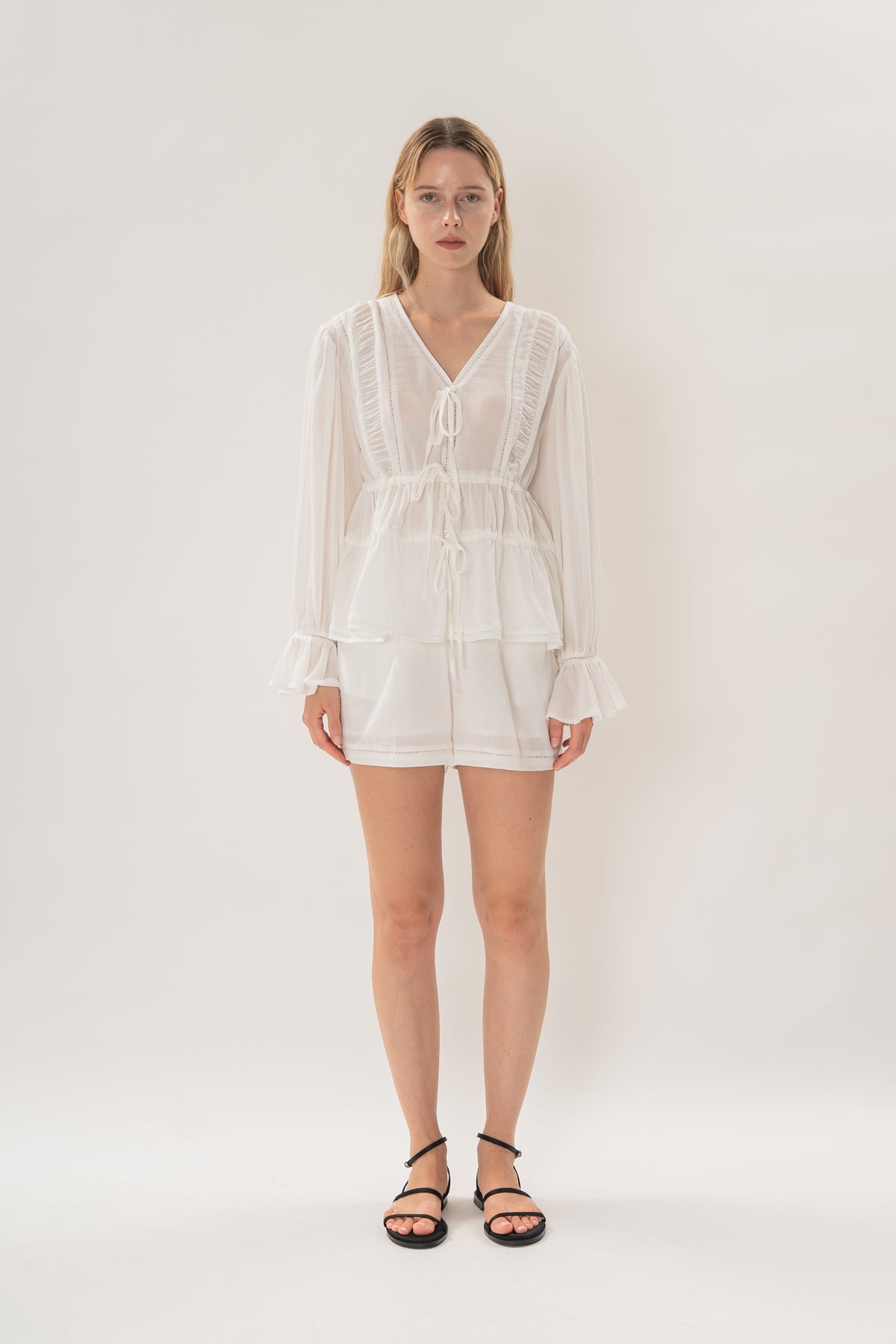 Textured Long Sleeve Blouse With Eyelet Detailing in White