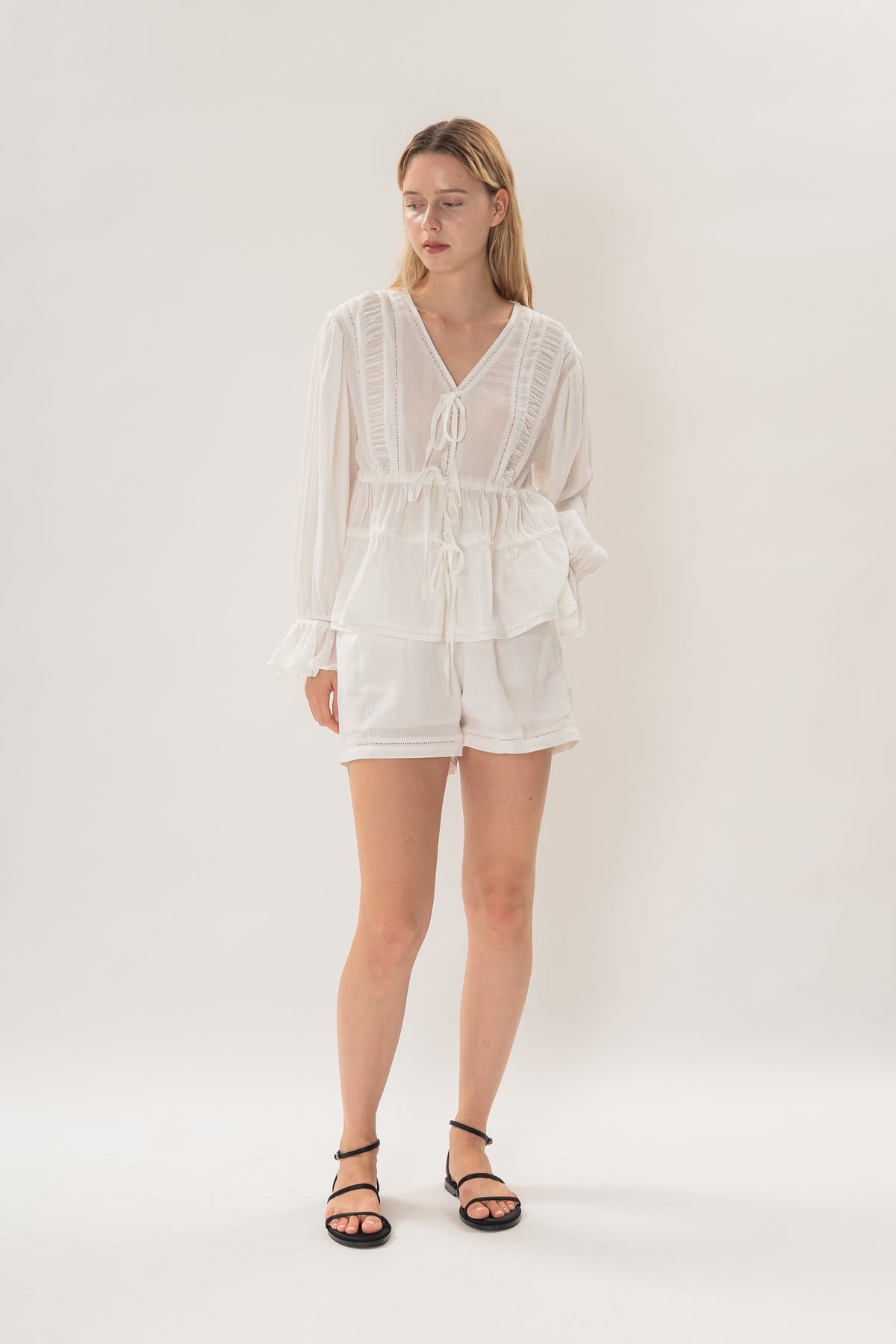 Textured Long Sleeve Blouse With Eyelet Detailing in White