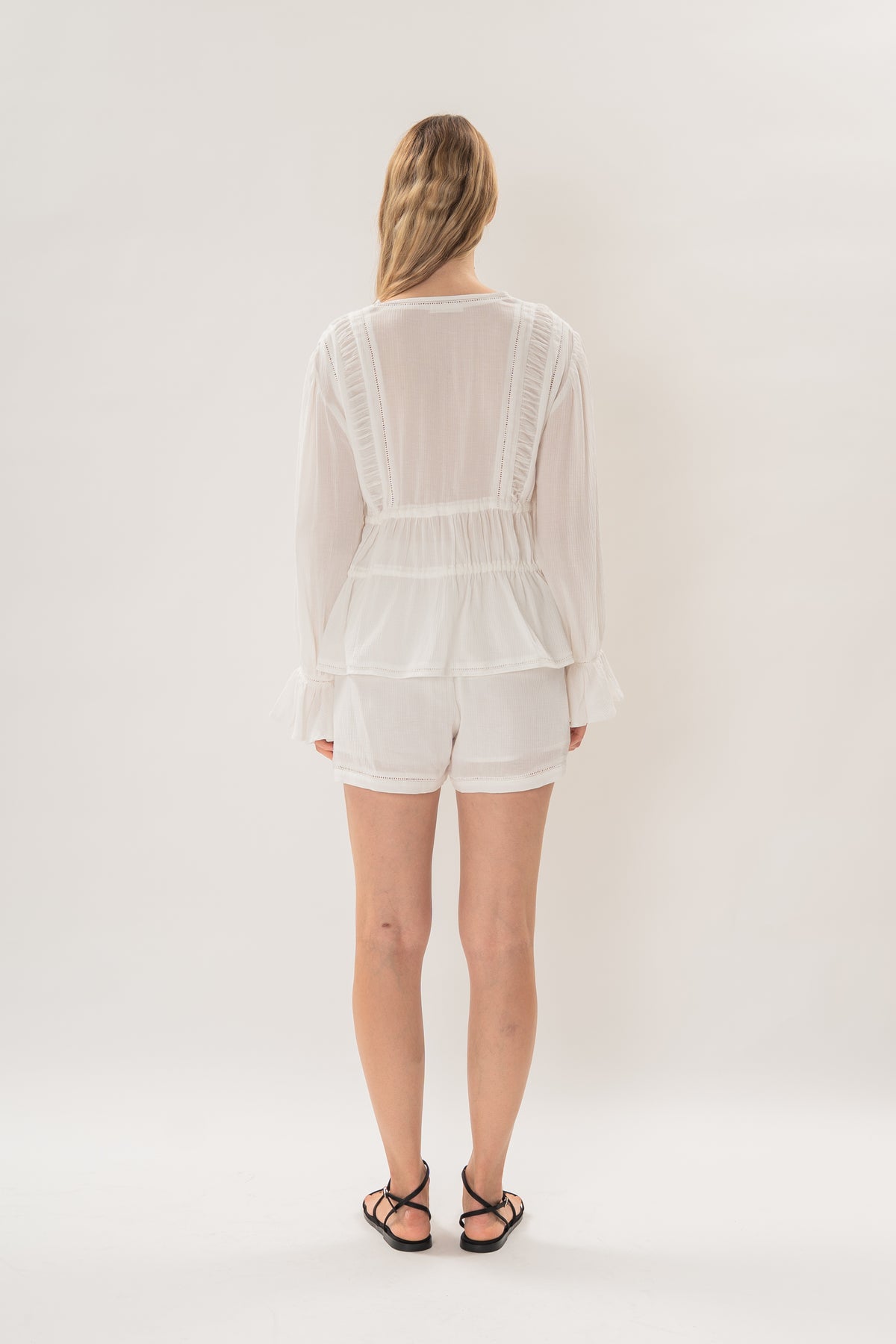 Textured Long Sleeve Blouse With Eyelet Detailing in White