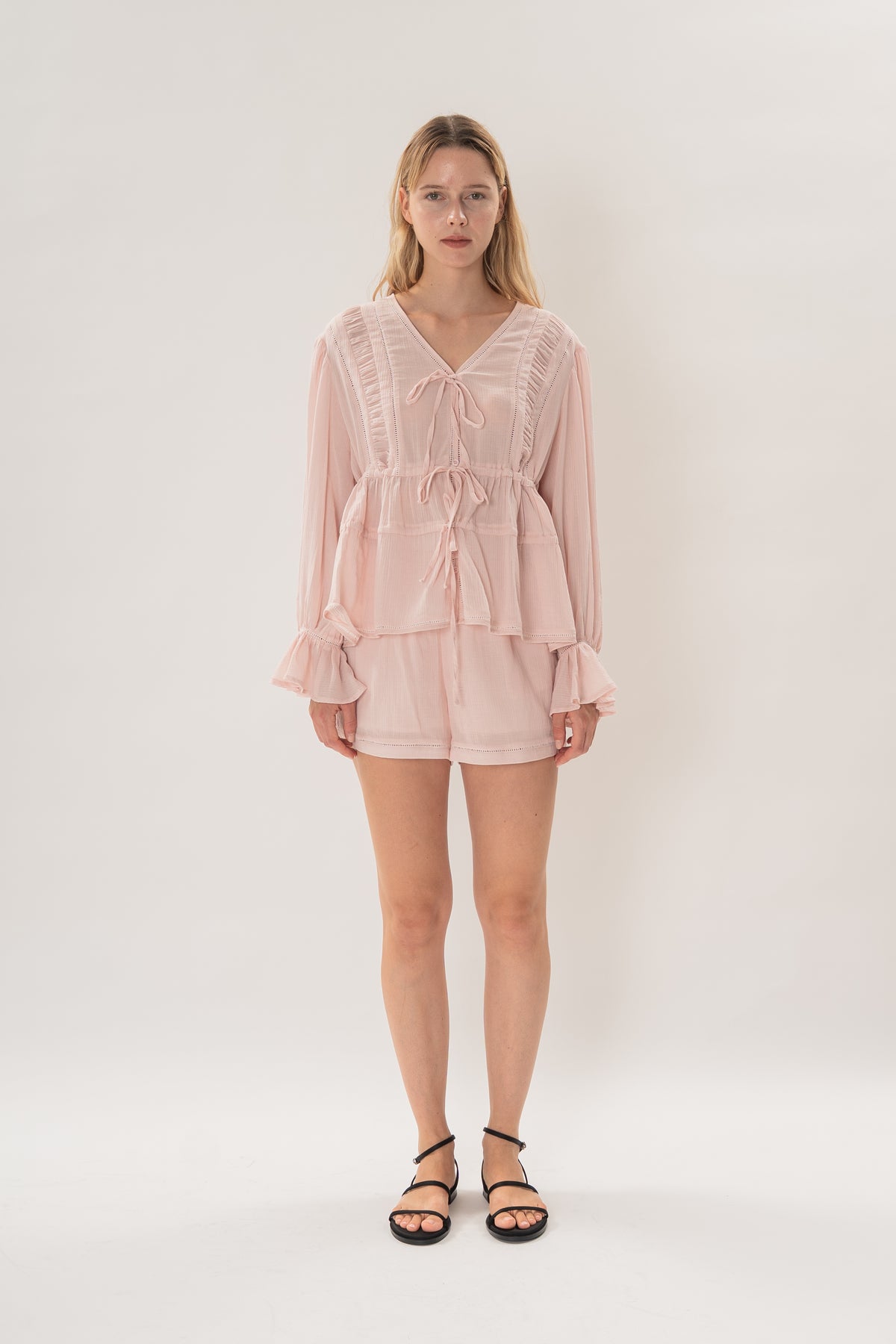 Textured Long Sleeve Blouse With Eyelet Detailing in Pink