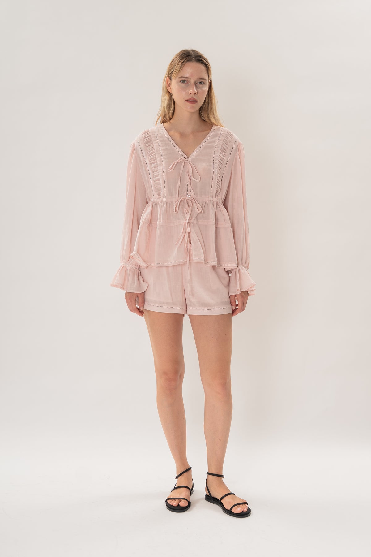 Textured Long Sleeve Blouse With Eyelet Detailing in Pink