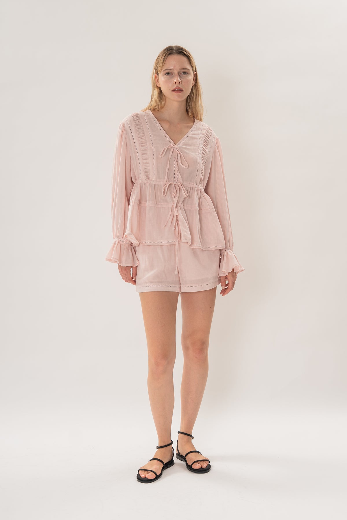 Textured Long Sleeve Blouse With Eyelet Detailing in Pink