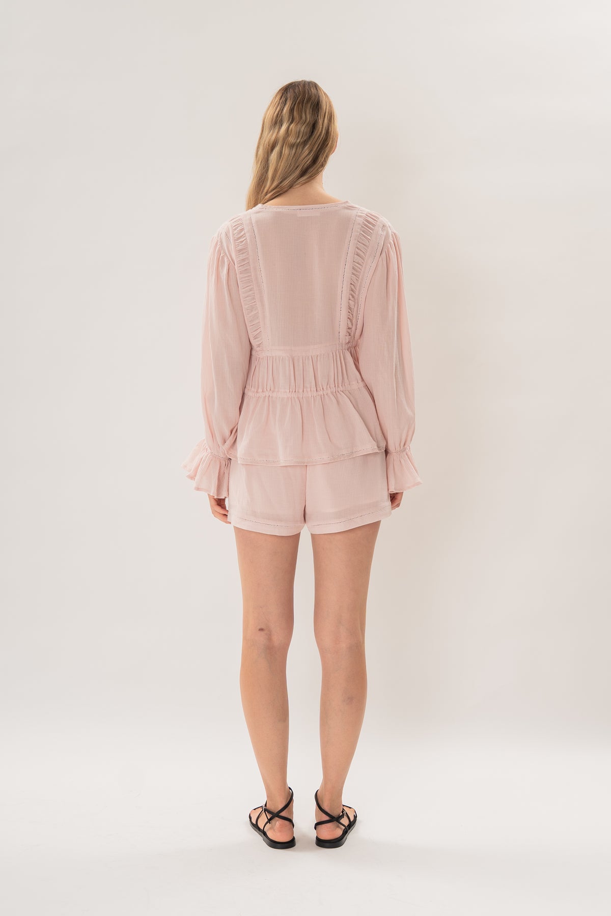 Textured Long Sleeve Blouse With Eyelet Detailing in Pink