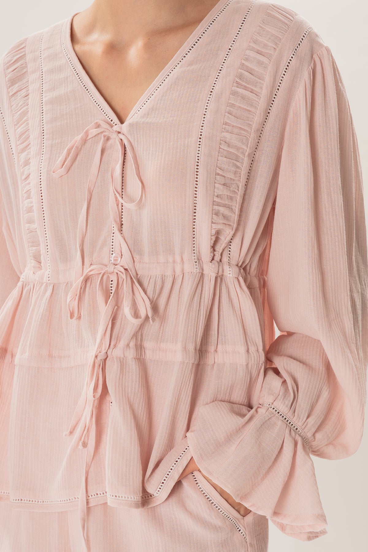 Textured Long Sleeve Blouse With Eyelet Detailing in Pink