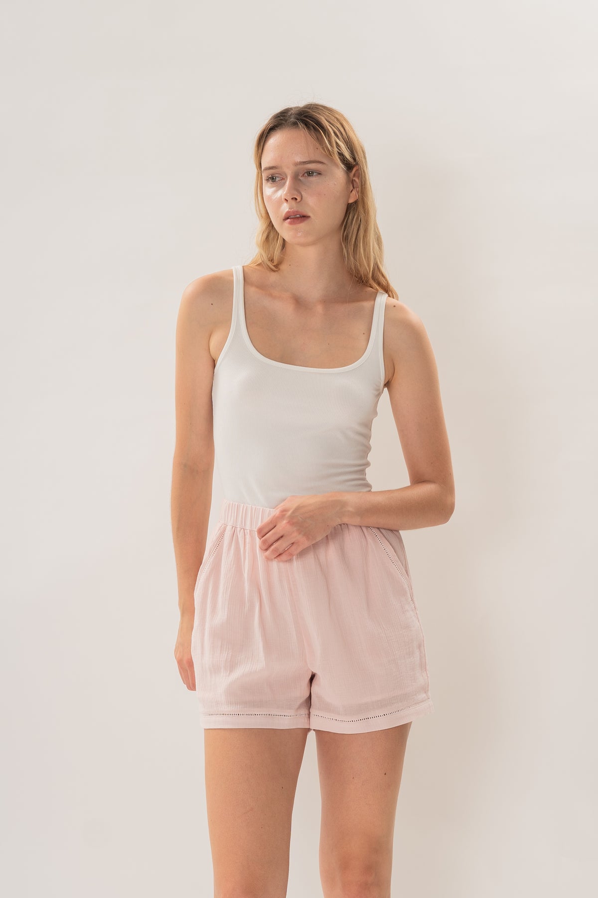 Gathered Waist Shorts With Eyelet Detailing in Pink