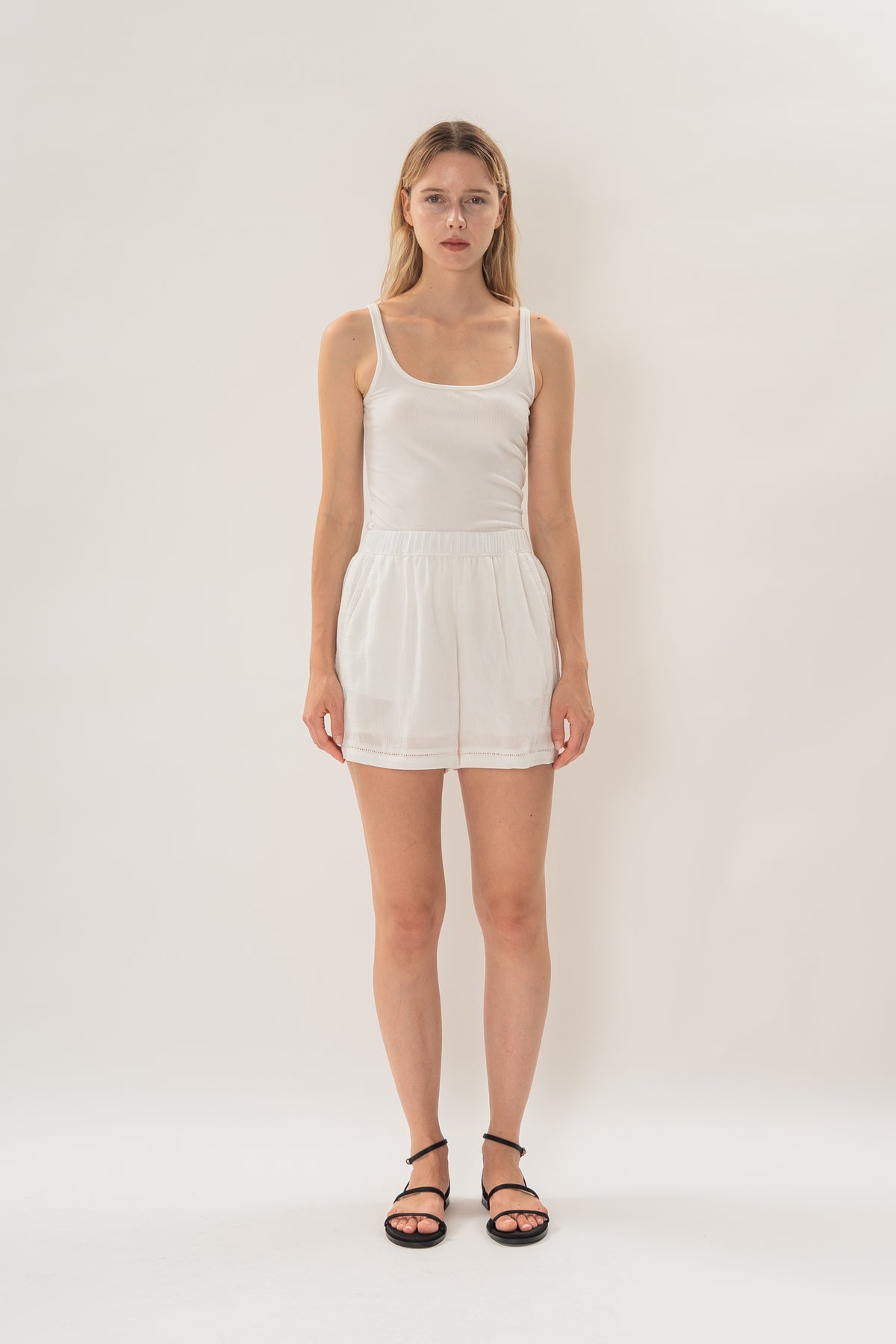 Gathered Waist Shorts With Eyelet Detailing in White